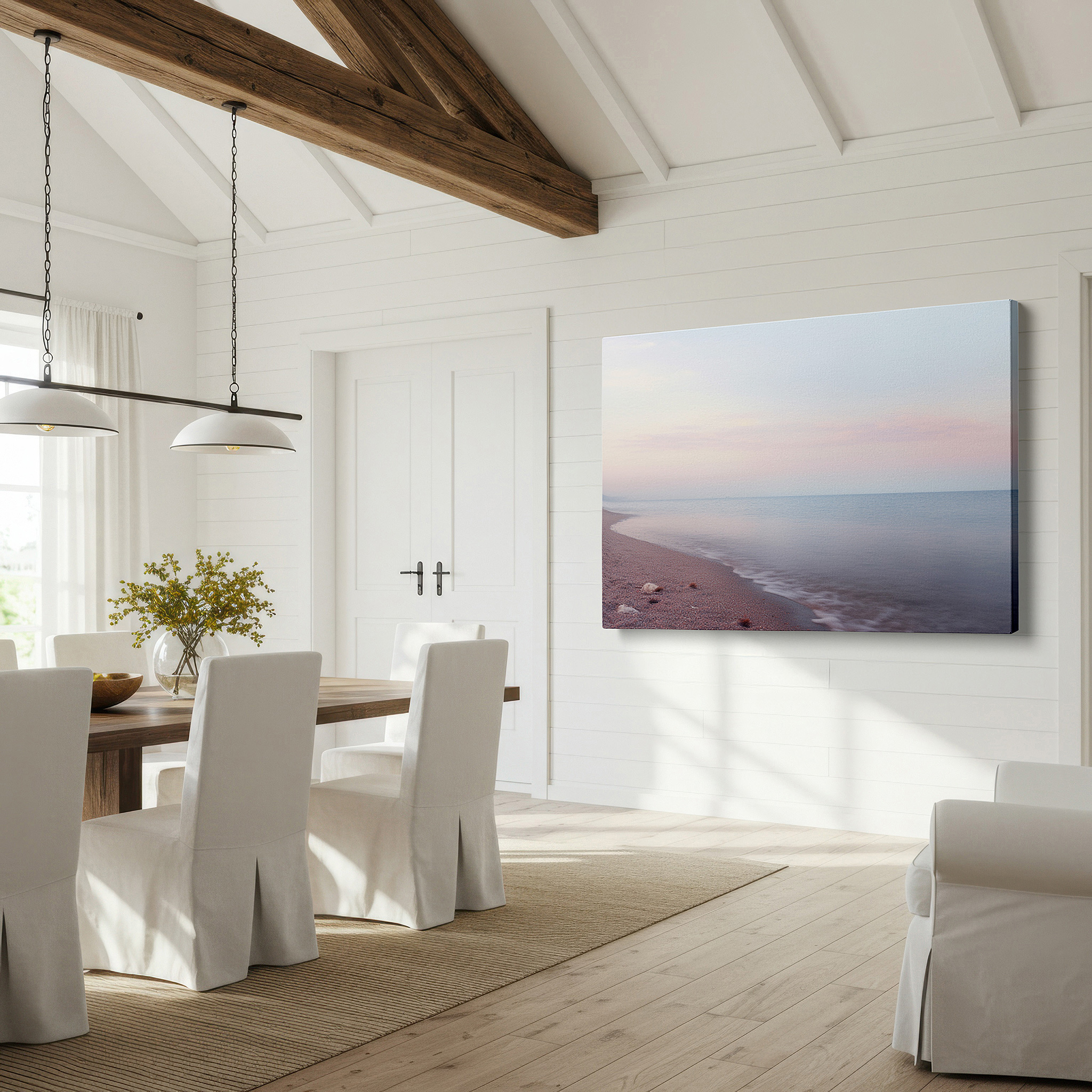 Positioned above a console table between ceramic vases — seaside tranquility: dawn with gentle waves and soft pastel sky - large canvas wall art for office, bedroom, and living room decor