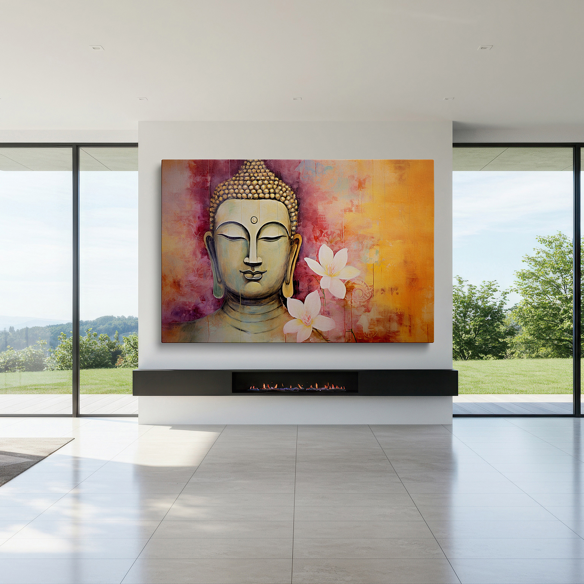 Positioned above a console table between ceramic vases — serene buddha wall art for living room: a symbolic masterpiece of tranquility - large canvas wall decor ideal for office spaces