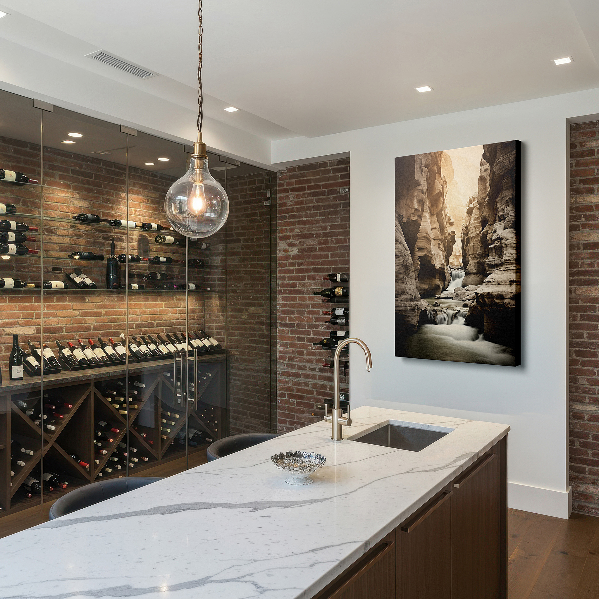 Positioned above a console table between ceramic vases — serene canyon waters carving through ancient rocks large wall art, canvas wall art, wall art decor, office wall art, bedroom wall art, living room wall art