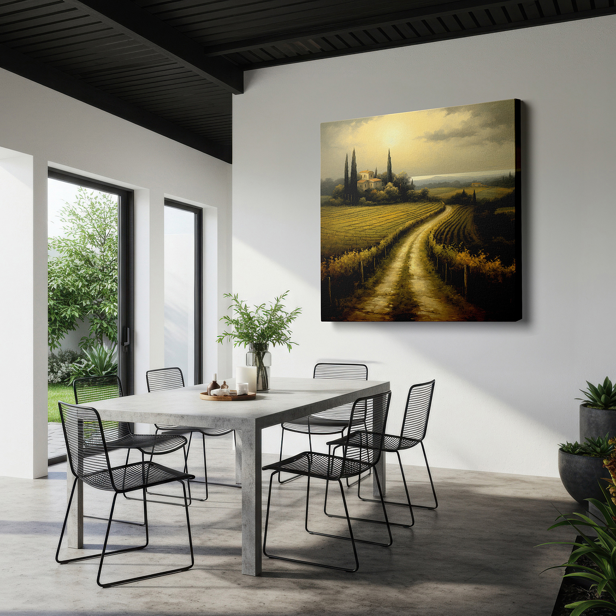 Positioned above a console table between ceramic vases — serene country road canvas wall art: vibrant vineyards under golden sunlight - ideal for office, bedroom, and home decor