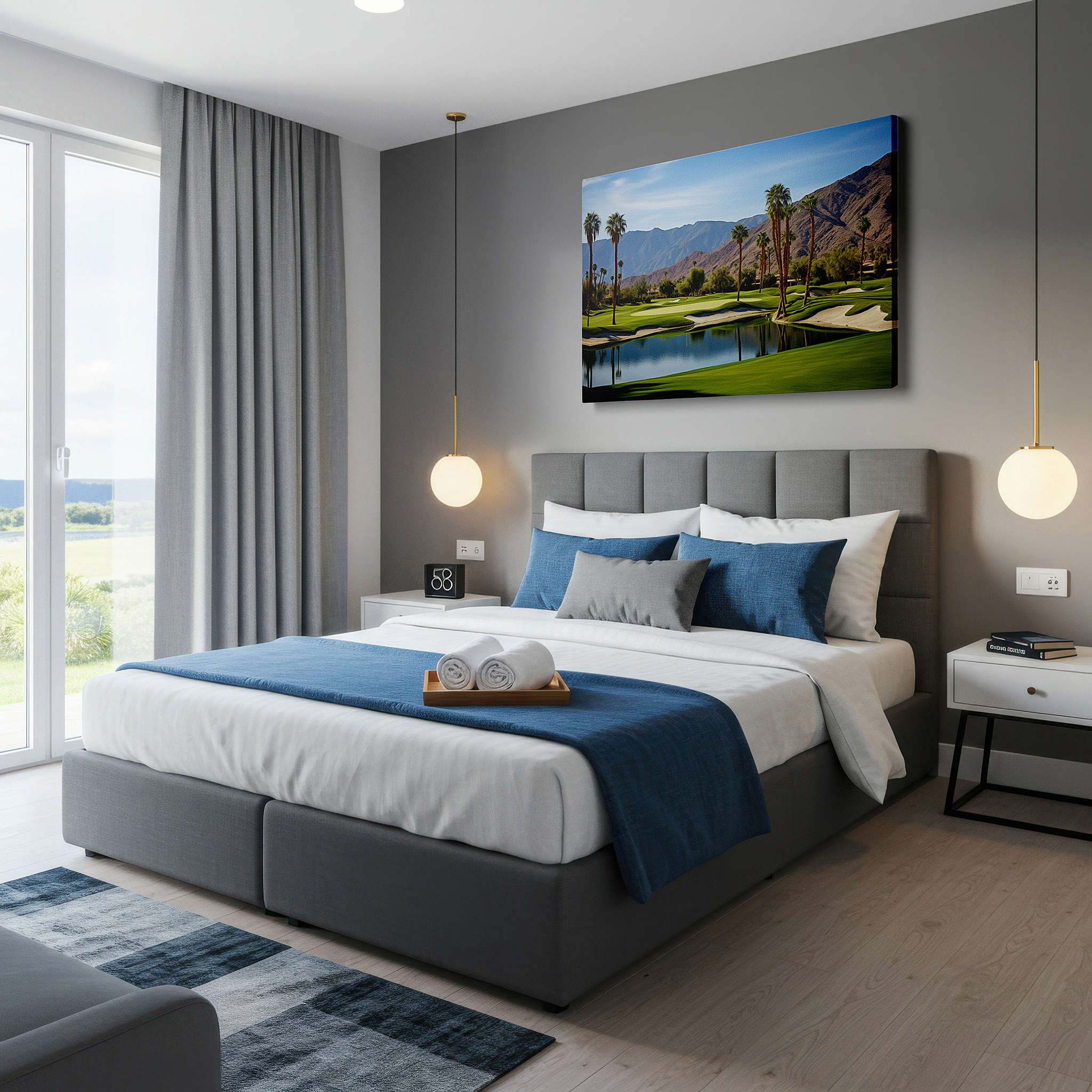 Positioned above a console table between ceramic vases — serene greens and active sports merge in a vibrant golf course oasis: large wall art, canvas wall art, wall decor for office and bedroom