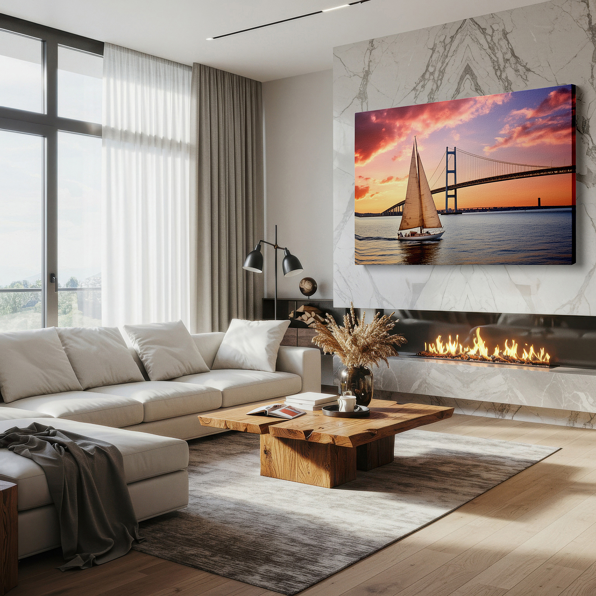 Positioned above a console table between ceramic vases — serene sail under a sunset-kissed bridge - oversized wall art, canvas decor for office, bedroom, and living room
