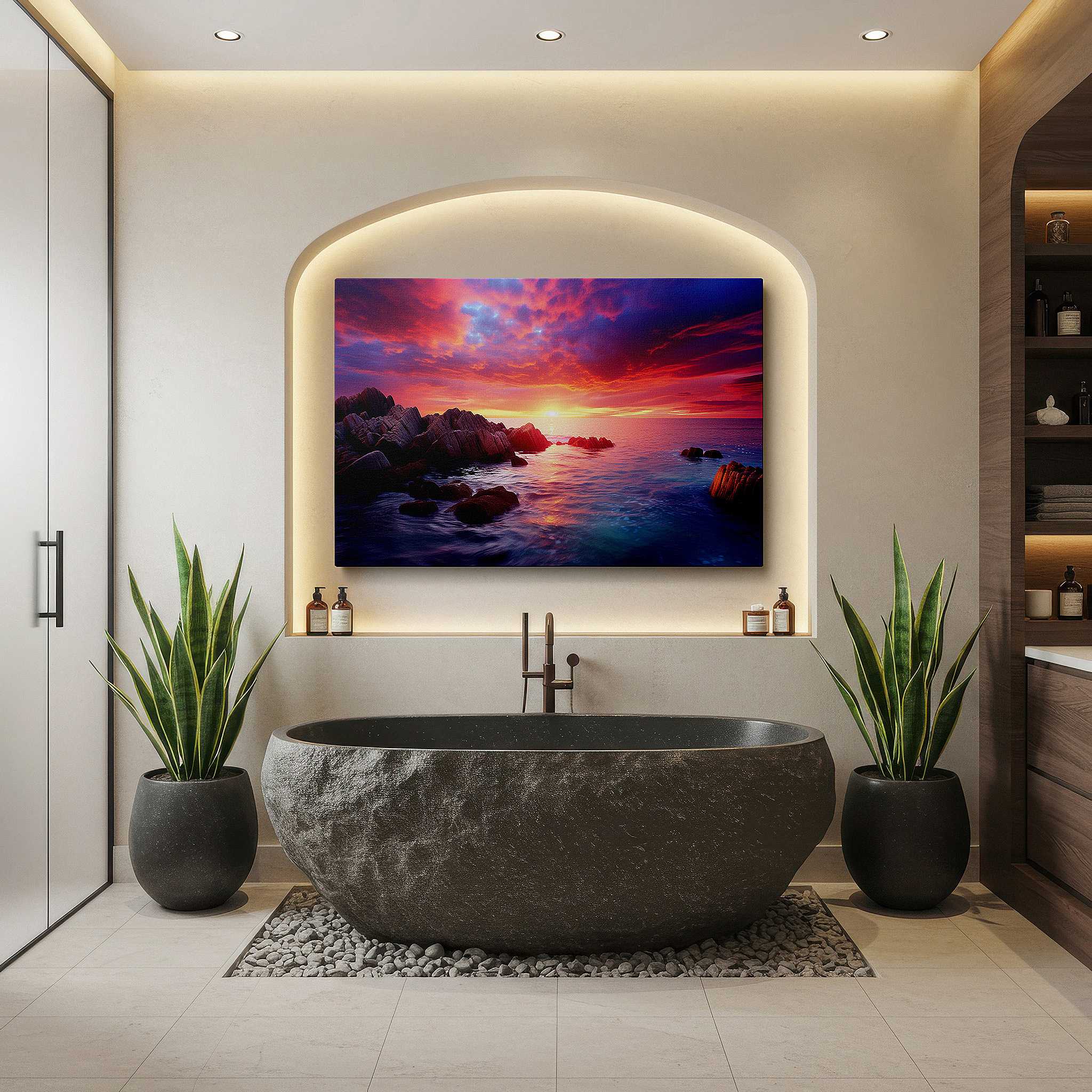 Positioned above a console table between ceramic vases — serene sunset over calm waters: a vivid display of fiery oranges, deep reds, and soothing purples - large canvas wall art decor