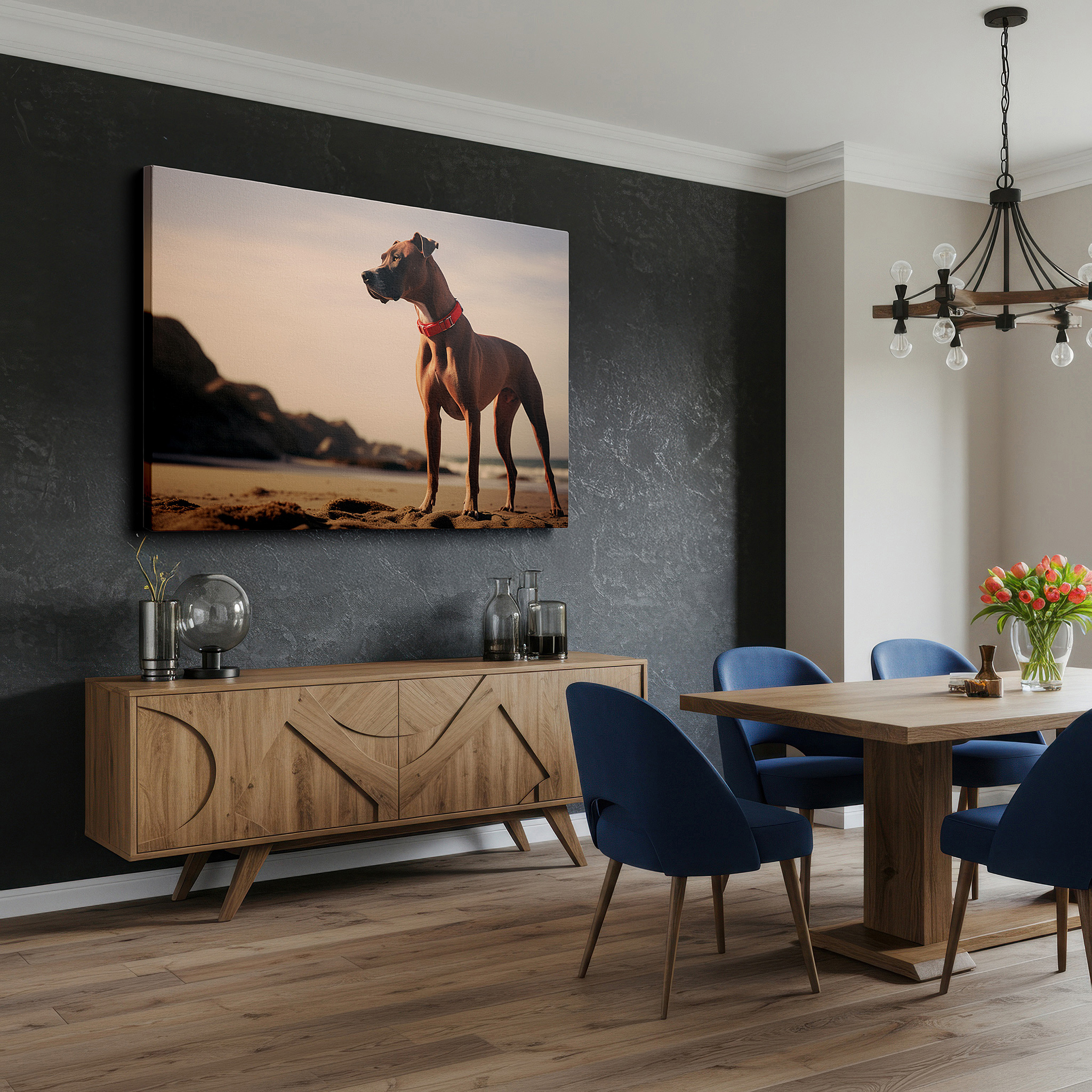 Positioned above a console table between ceramic vases — serene sunset and faithful dog overlooking the ocean - large canvas wall art for office and bedroom decor