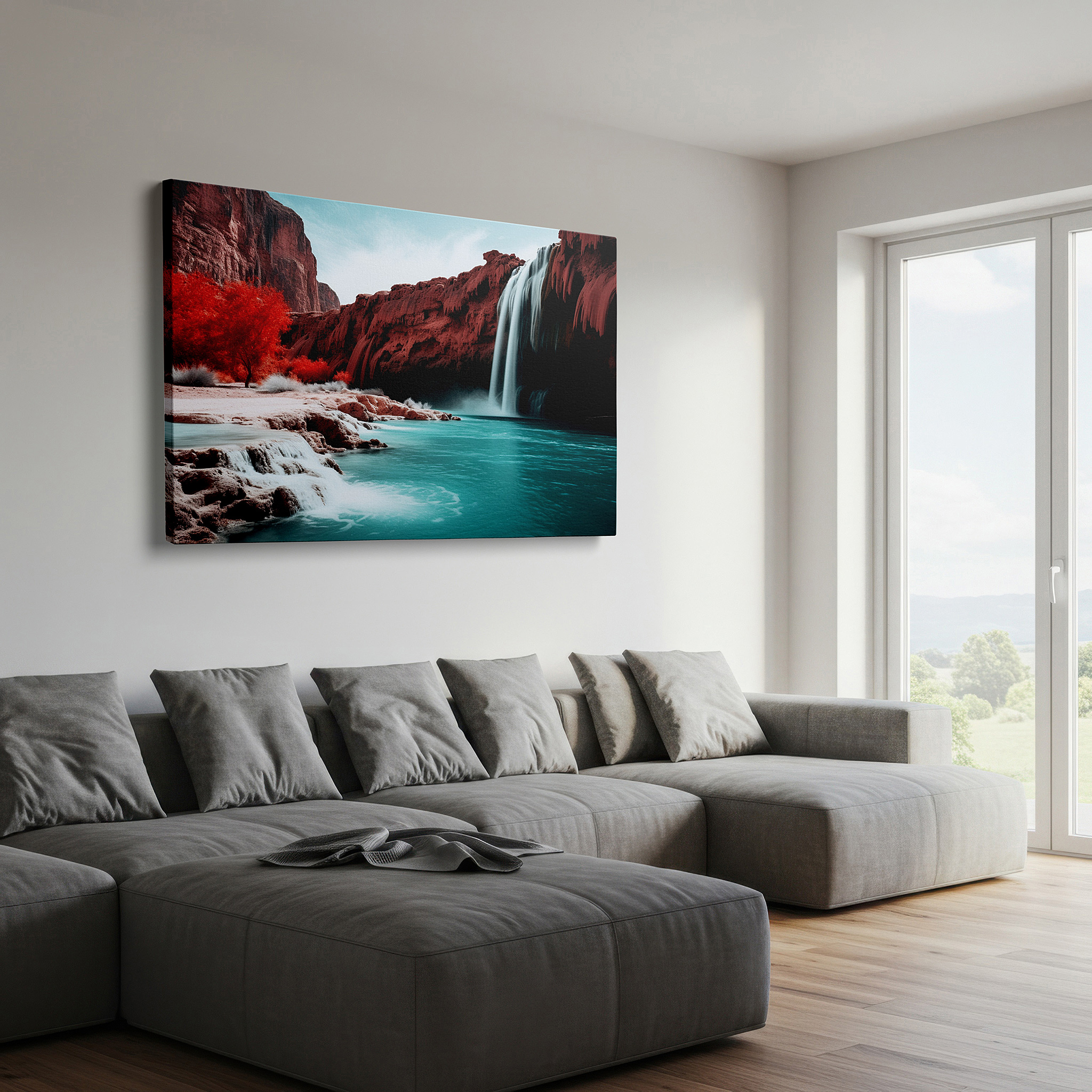 Positioned above a console table between ceramic vases — serene waterfalls on crimson rocks surrounded by verdant foliage: oversized wall art for living rooms, bedrooms, and offices