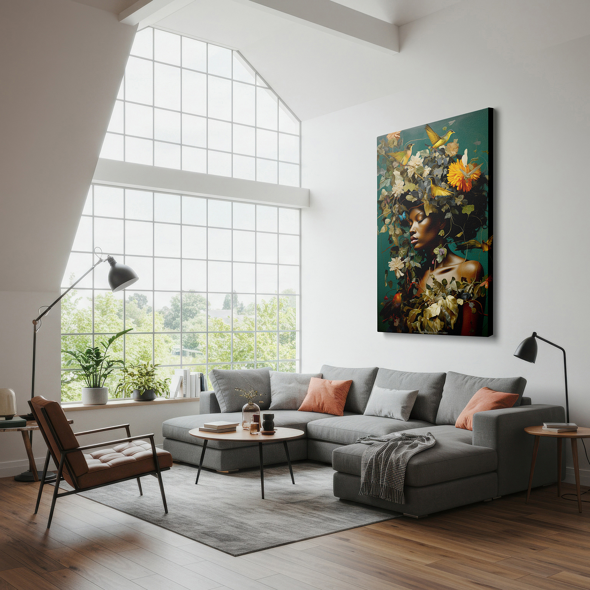 Positioned above a console table between ceramic vases — serene woman with floral crown and birds: a symphony of nature and humanity - large canvas wall art for home and office decor