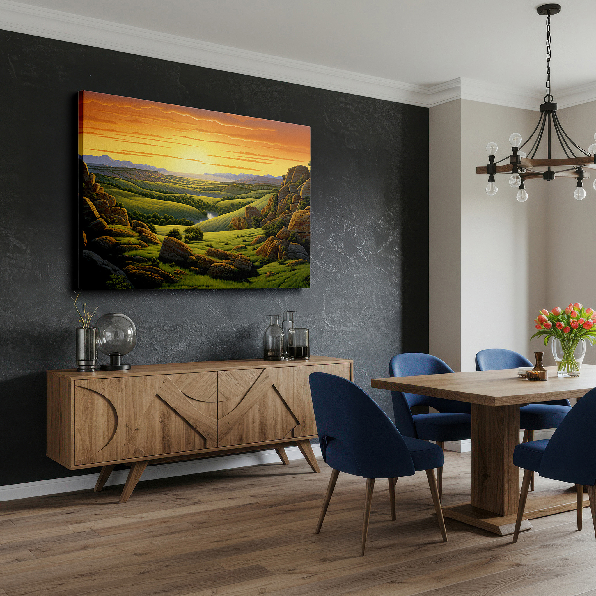 Positioned above a console table between ceramic vases — sunrise over rolling hills: tranquil landscape large wall art for daily inspiration - perfect for office and bedroom decor