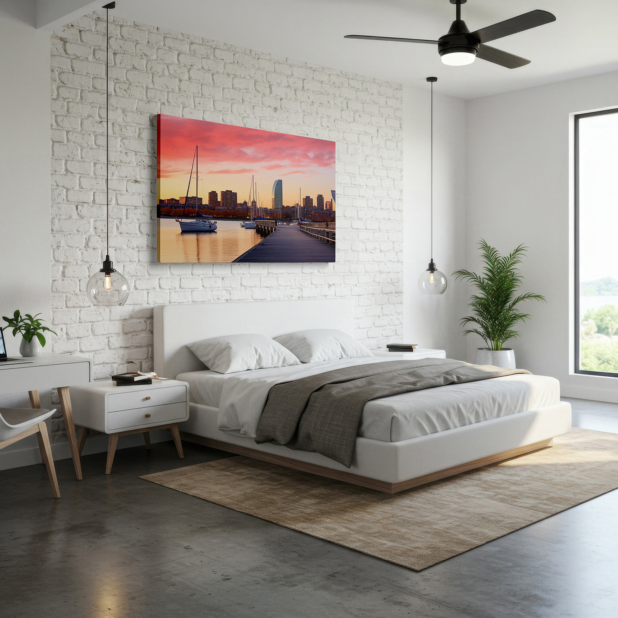 Positioned above a console table between ceramic vases — sunset over bustling harbor canvas print featuring sailboats and city skyline - ideal for office, bedroom, or living room decor