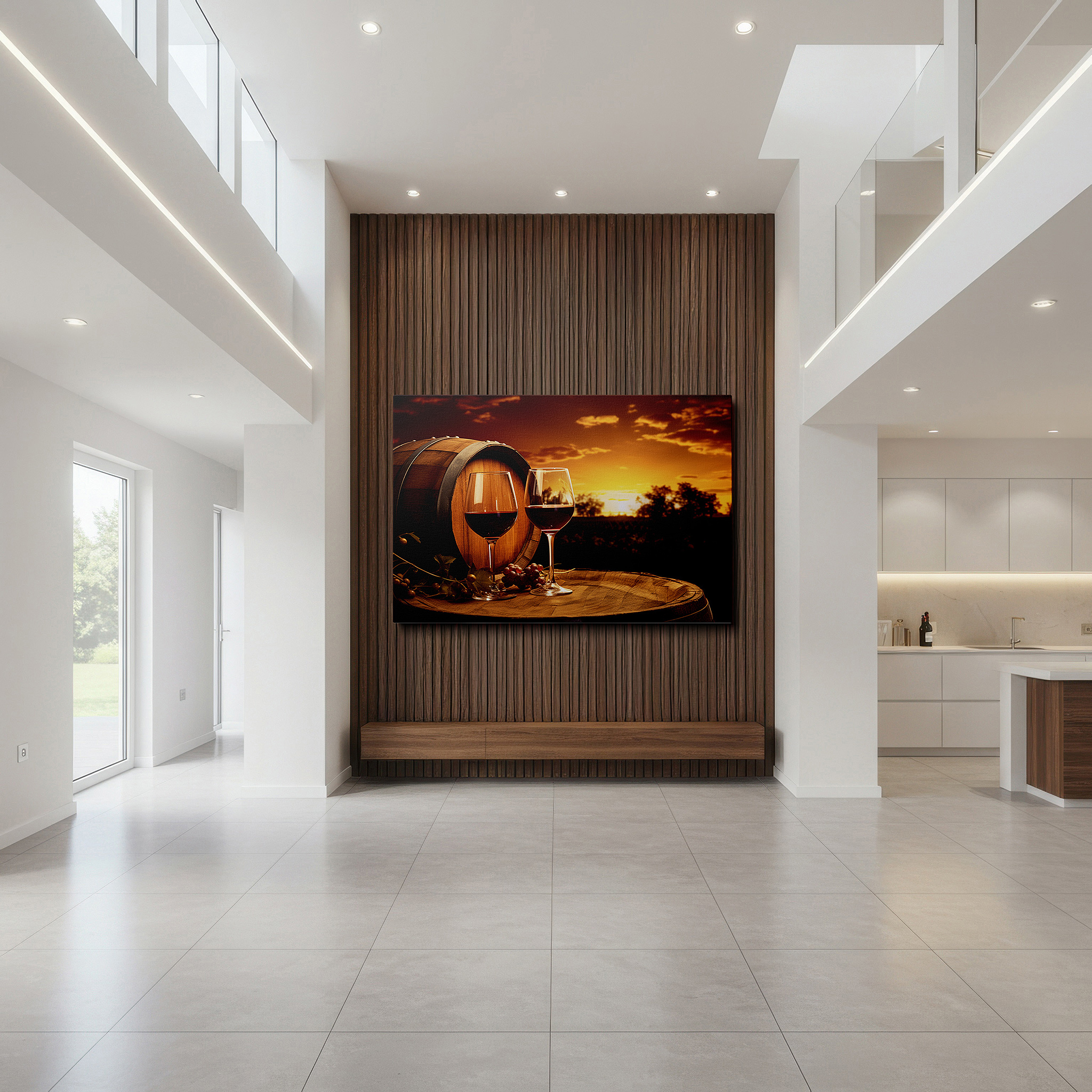 Positioned above a console table between ceramic vases — sunset serenade wall art featuring wine glasses, grapes, and a rustic barrel - large canvas for office, bedroom, and living room decor