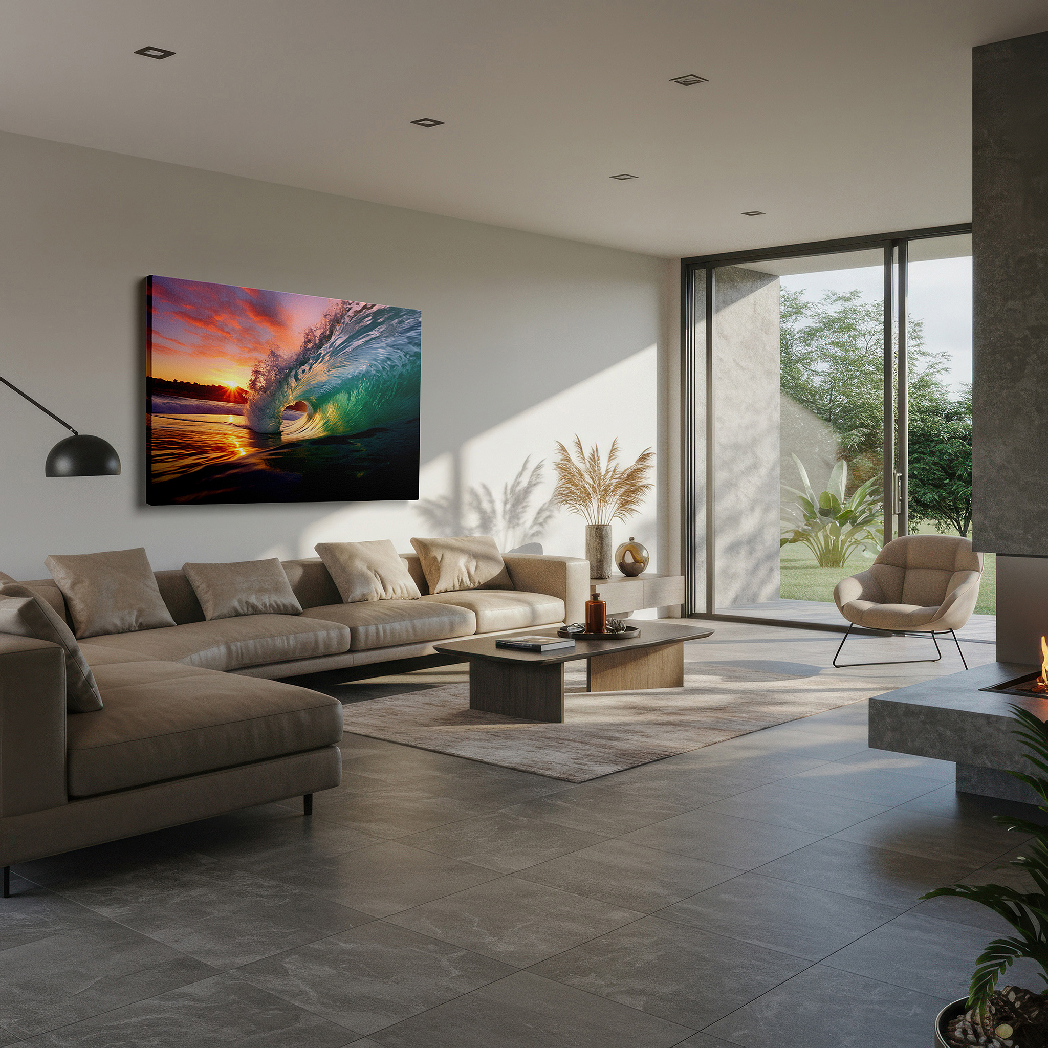 Positioned above a console table between ceramic vases — sunset wave spectrum - vibrant ocean blues and warm sky tones large wall art, canvas wall art, wall decor for office and bedroom