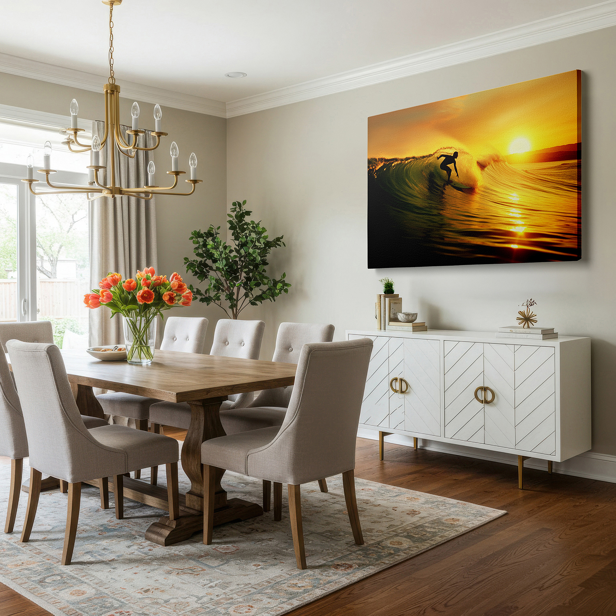 Positioned above a console table between ceramic vases — surfing at sunset wall art: a masterful display of skill and nature's beauty - large canvas for home and office decor, perfect for living room and bedroom