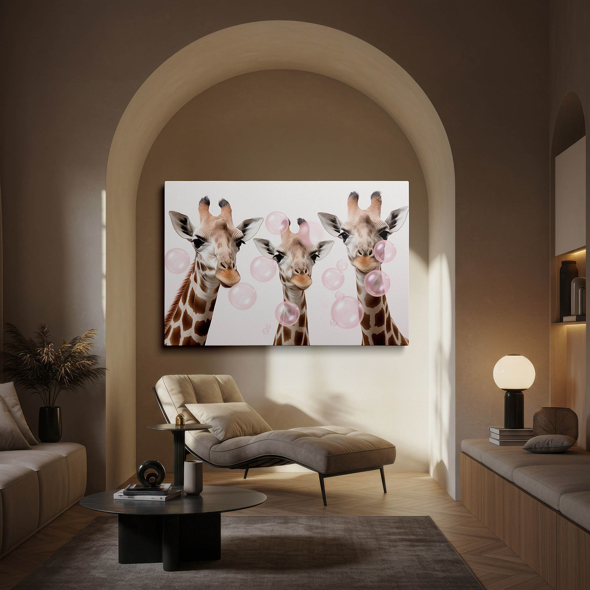 Positioned above a console table between ceramic vases — three joyful giraffes among sparkling bubbles, whimsical delight large wall art, canvas wall art, wall decor for office and bedroom