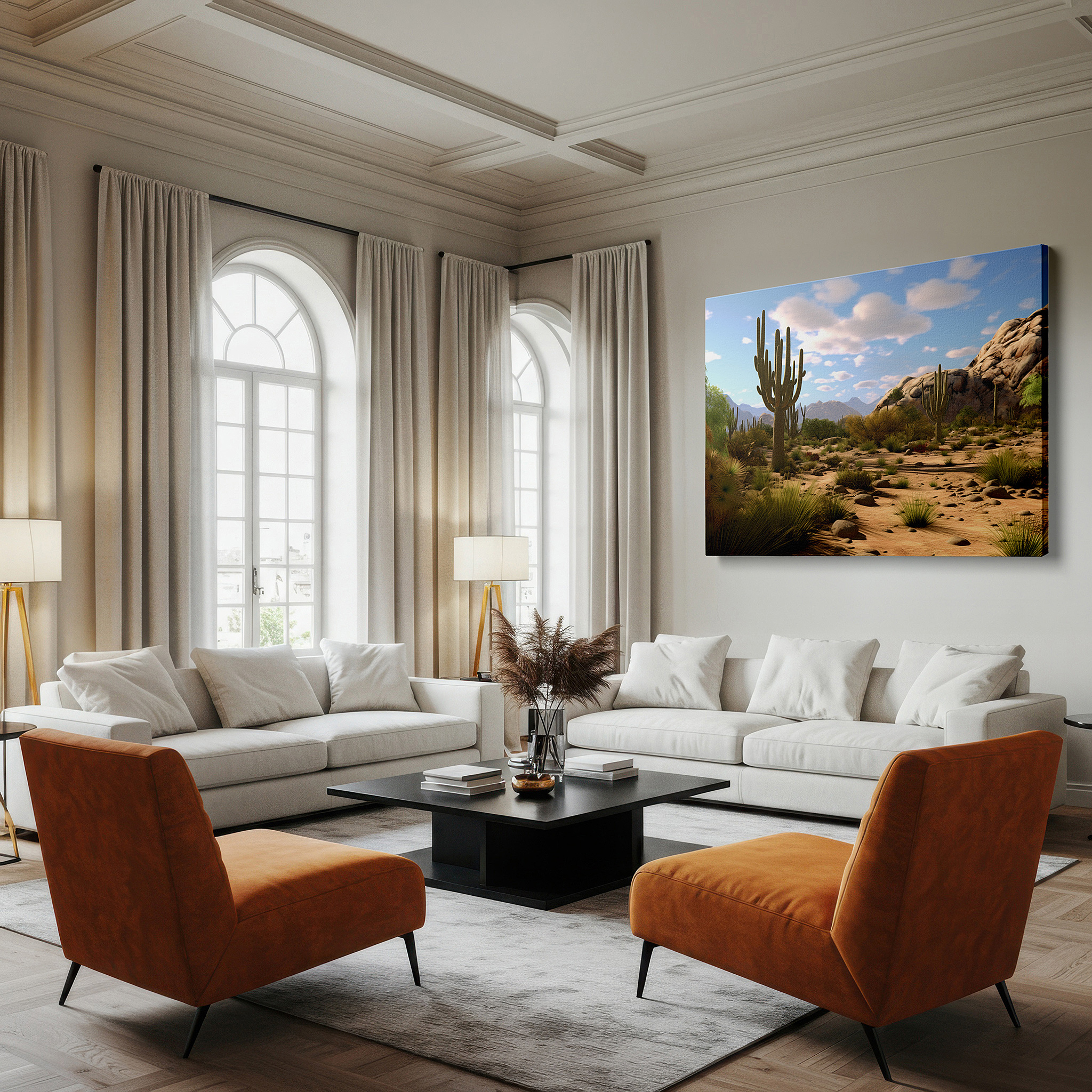 Positioned above a console table between ceramic vases — towering cacti and expansive blue skies - vibrant desert scenery large wall art, canvas wall art, wall decor for office, bedroom, and living room