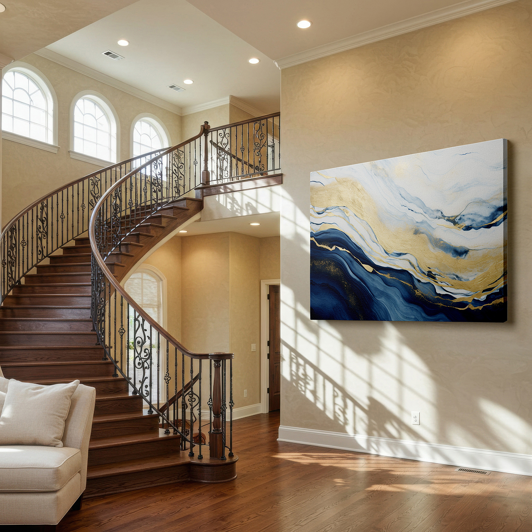 Positioned above a console table between ceramic vases — tranquil seascape: where the ocean kisses the sky, sunlight plays on the waves, offering peace and serenity - large wall art, canvas wall art, office decor