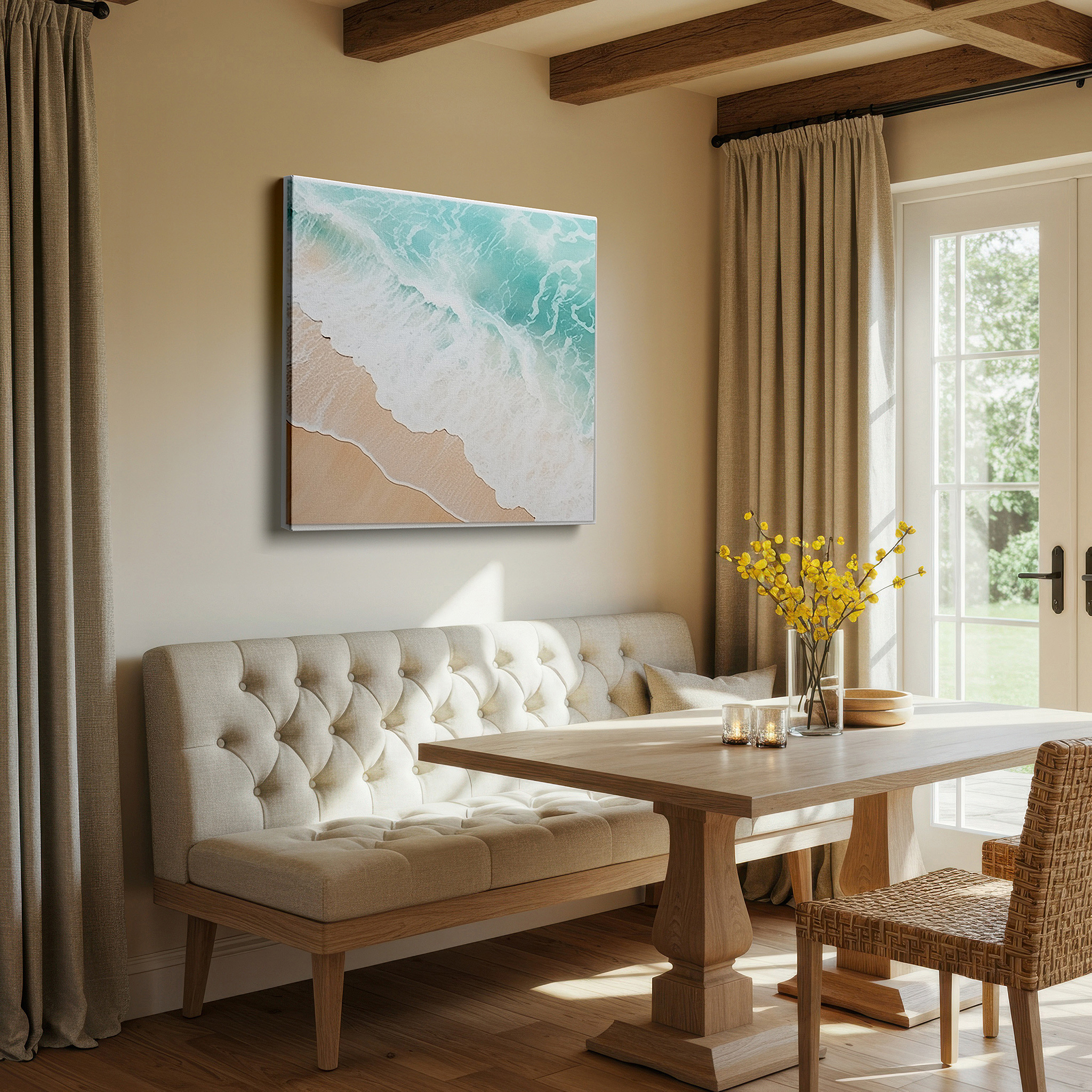 Positioned above a console table between ceramic vases — tranquil tropical haven wall art featuring turquoise waters and golden sands - large canvas for office, bedroom, and living room decor