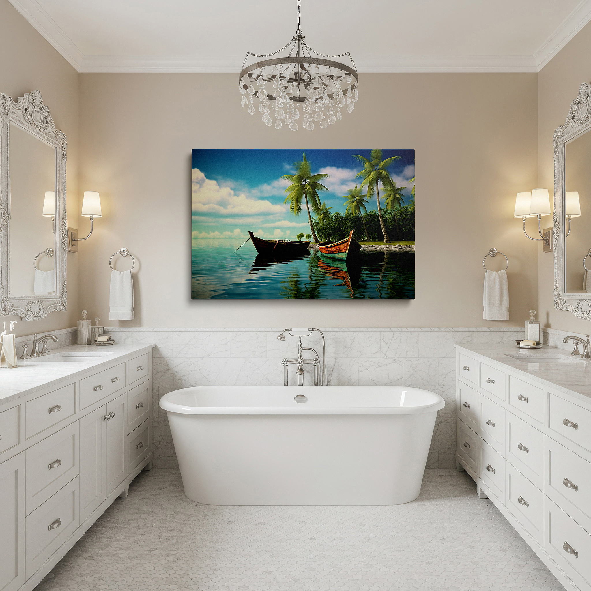 Positioned above a console table between ceramic vases — tropical paradise wall art featuring wooden boats and lush palms - large canvas for office, bedroom, and living room decor