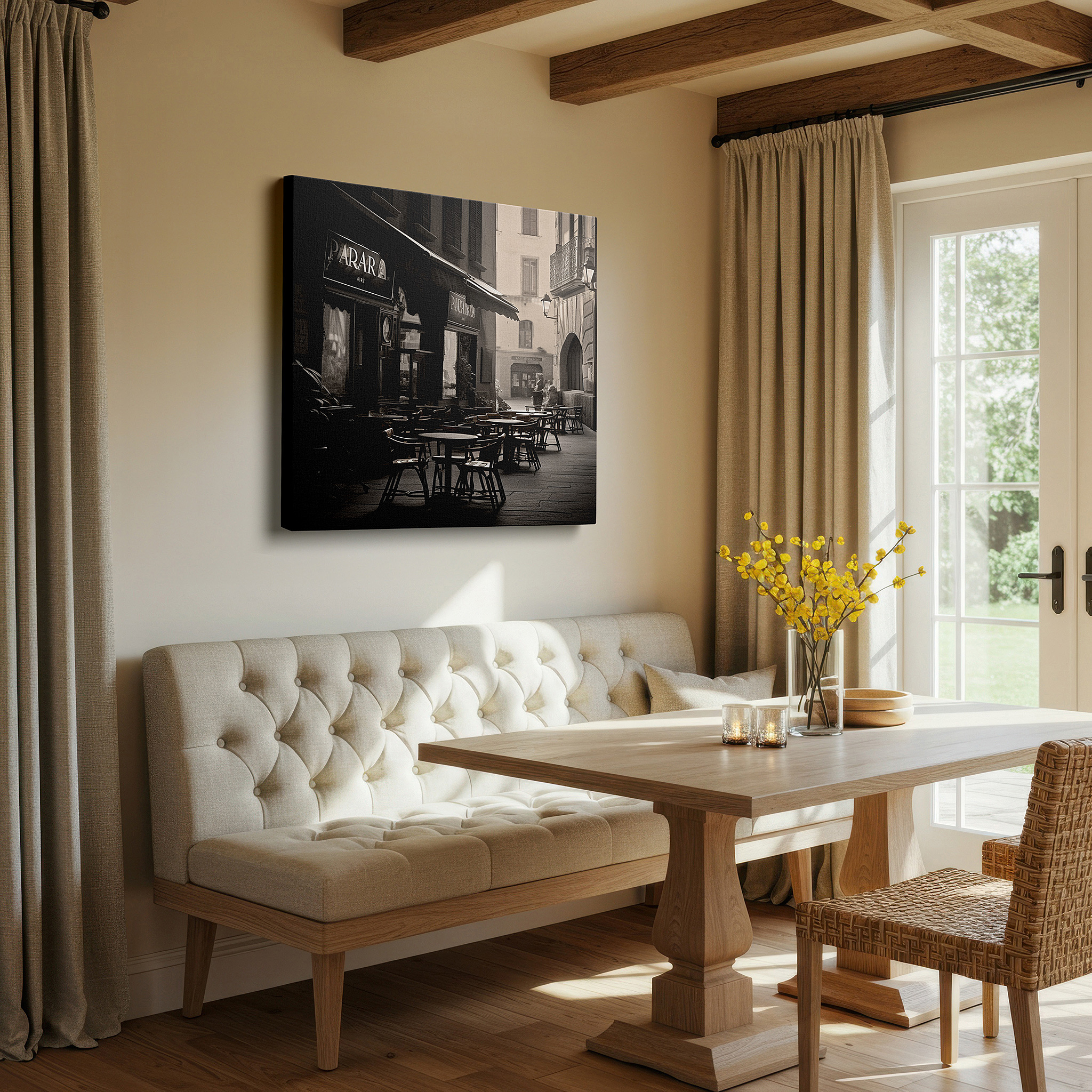 Positioned above a console table between ceramic vases — urban café wall art: tranquil scene with sleek chairs and enigmatic black signboard - large canvas art for home and office decor, perfect for living room and bedroom