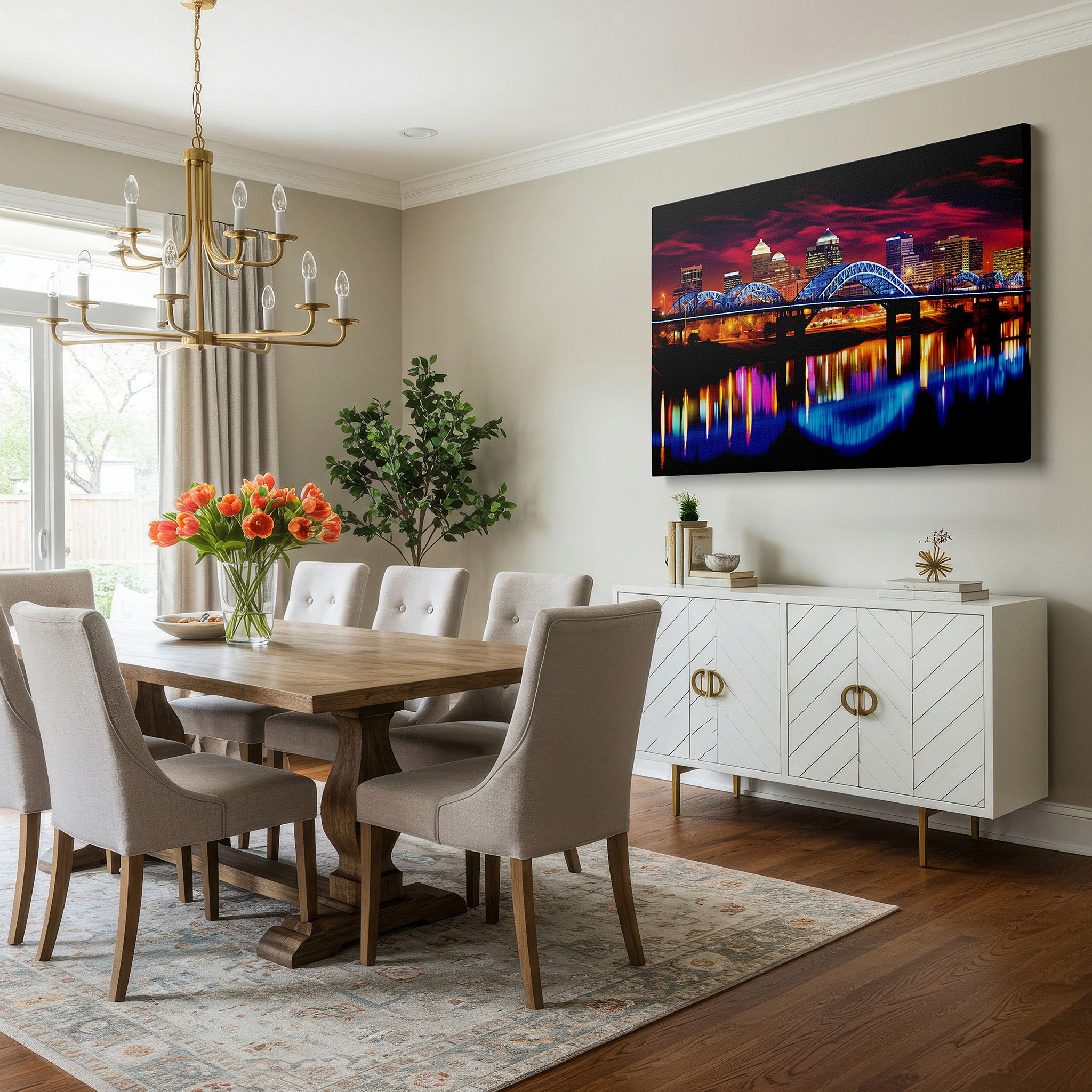Positioned above a console table between ceramic vases — urban twilight: where day meets night in the cityscape - large canvas wall art for office and bedroom decor