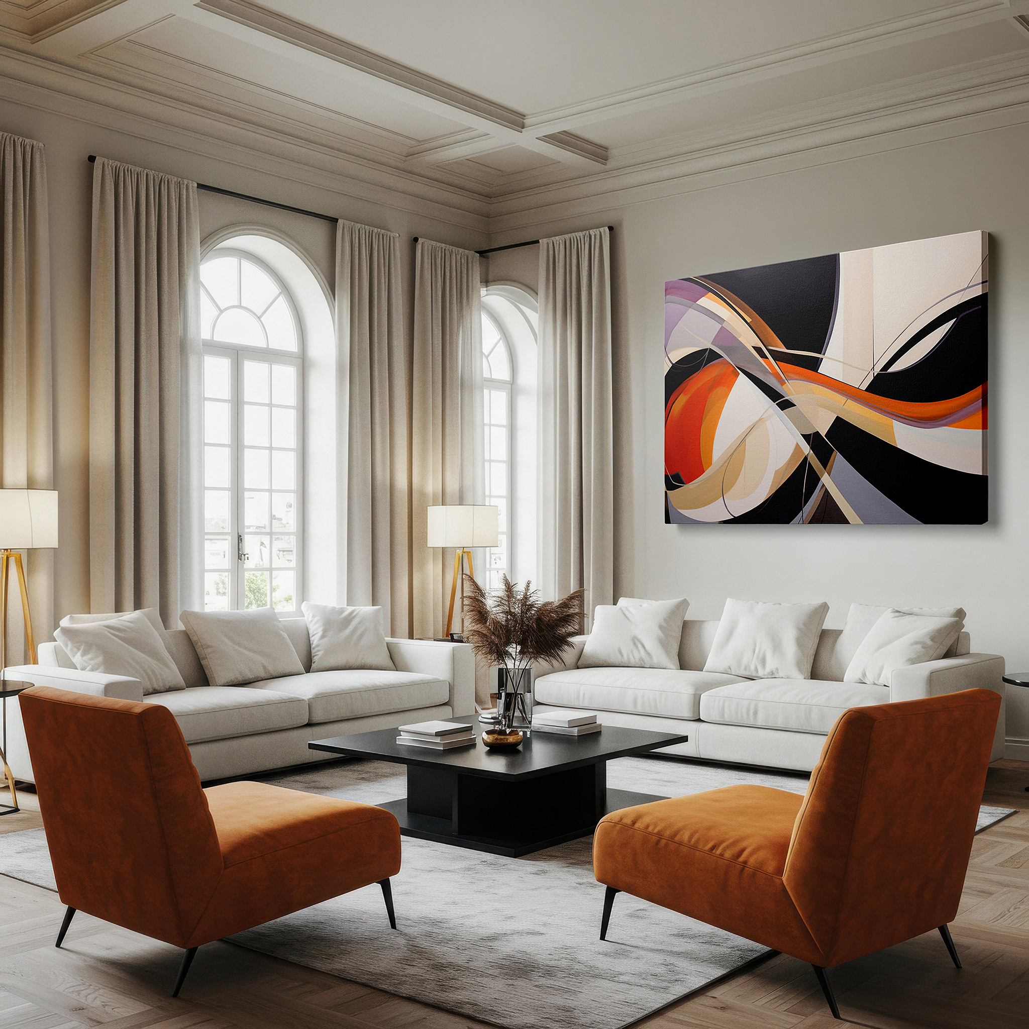 Positioned above a console table between ceramic vases — vibrant abstract masterpiece featuring bold oranges and deep blacks, perfect as a captivating centerpiece for any room - large canvas wall art decor