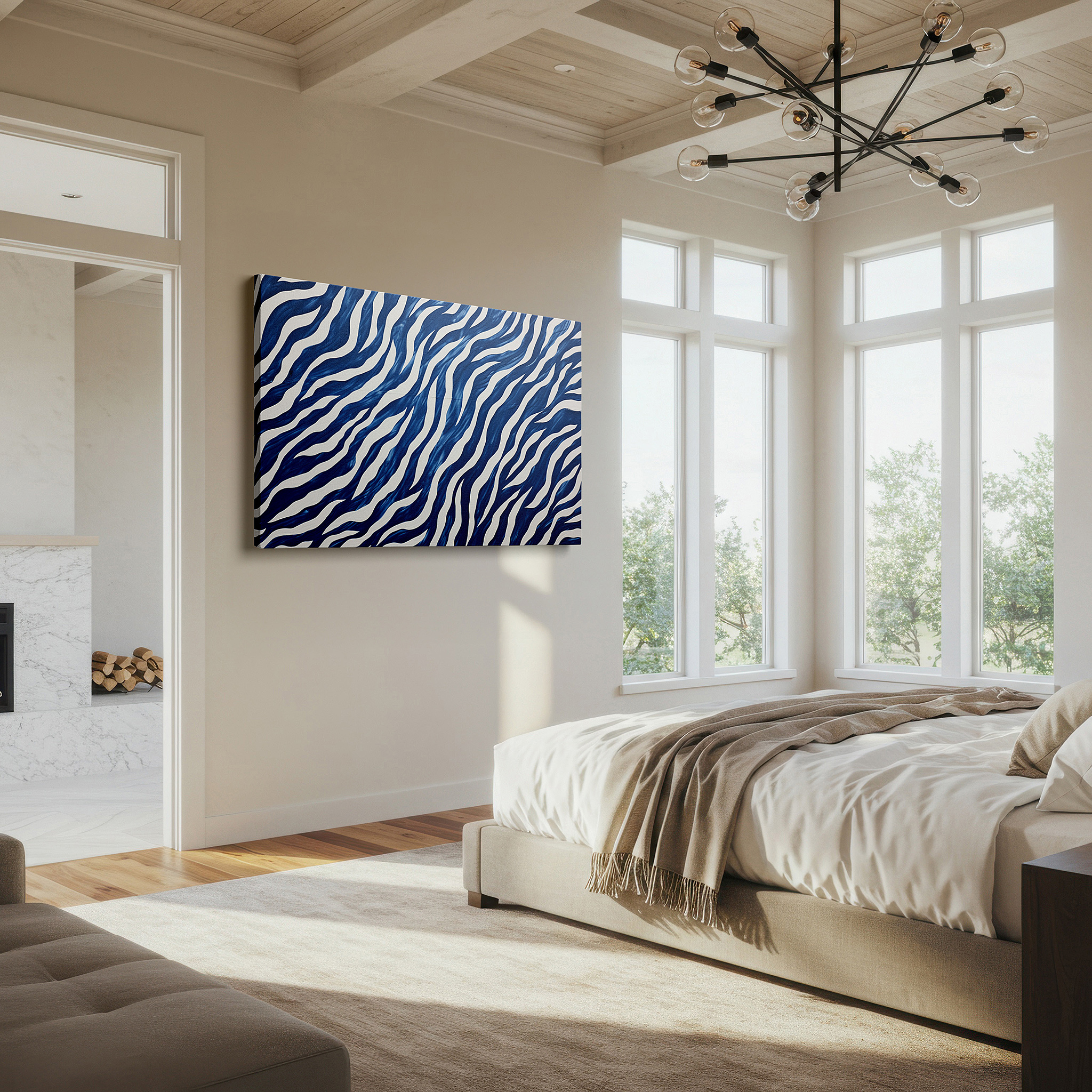 Positioned above a console table between ceramic vases — vibrant blue and white zebra stripes in dynamic flow, contemporary abstract large wall art, canvas wall decor for office