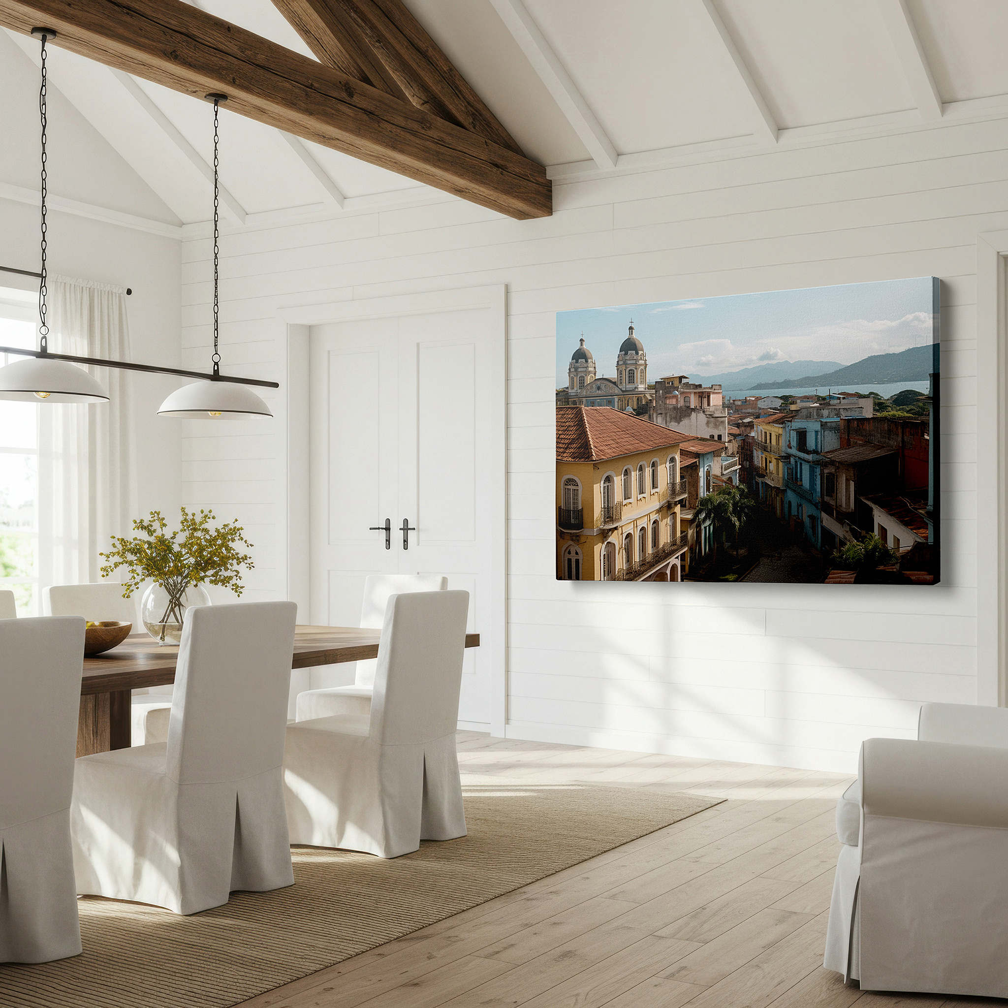 Positioned above a console table between ceramic vases — vibrant cuban town wall art featuring pastel buildings and a majestic cathedral - large canvas for office, bedroom, and living room decor