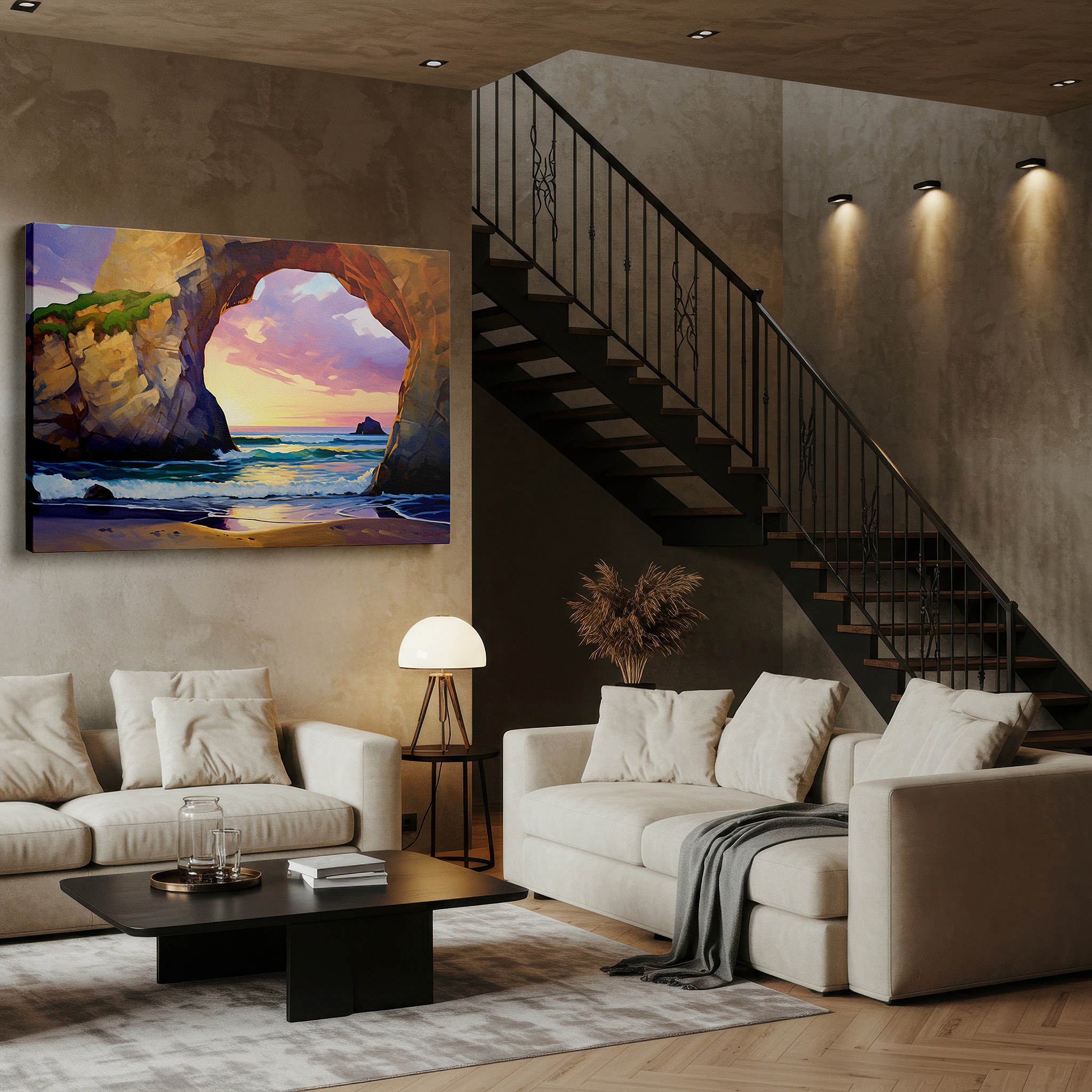 Positioned above a console table between ceramic vases — vibrant sunset hues over majestic coastal arch large canvas wall art for office, bedroom, and living room decor
