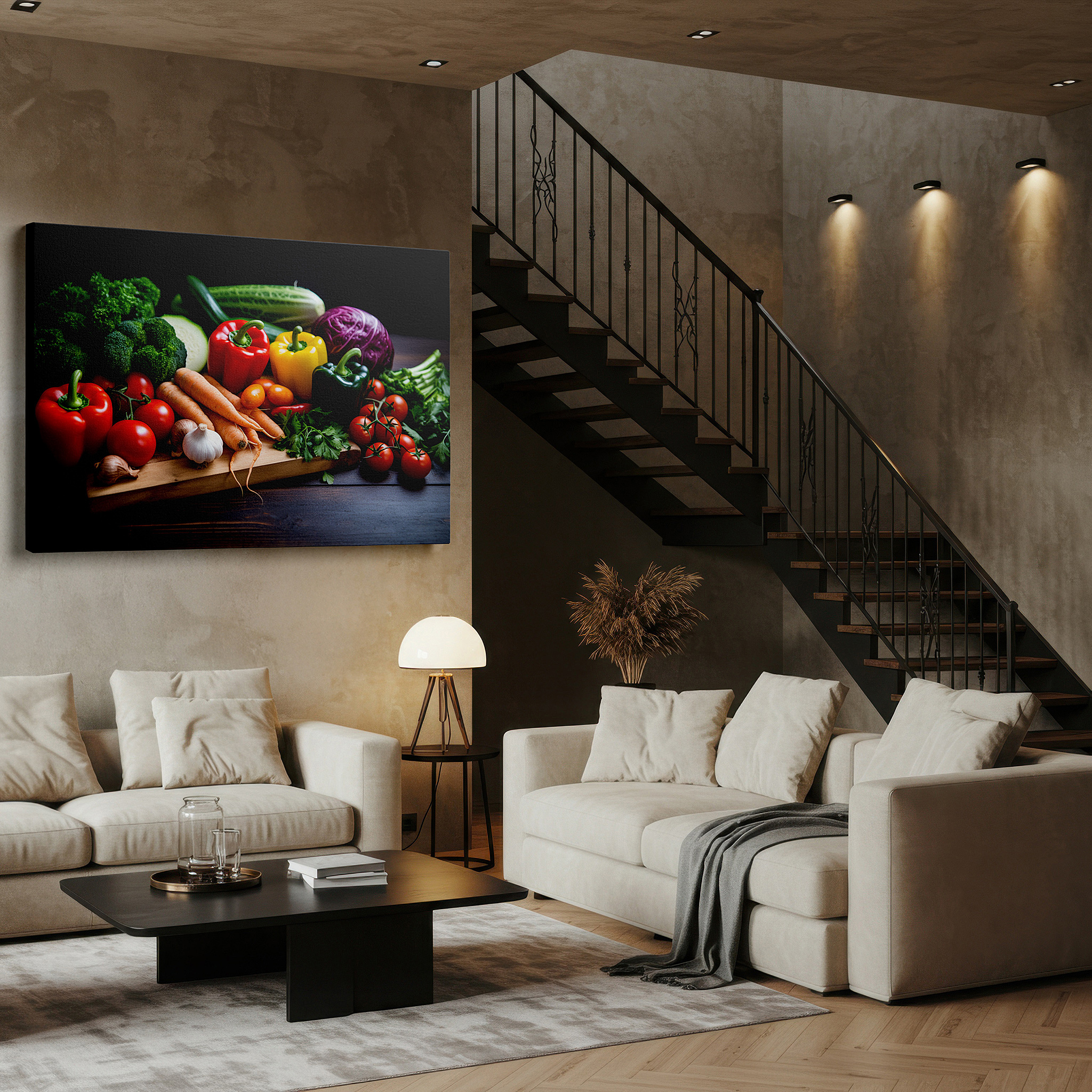 Positioned above a console table between ceramic vases — vibrant vegetables displayed on a rustic table - celebrating freshness and natural beauty, large wall art, canvas wall art, wall decor for office