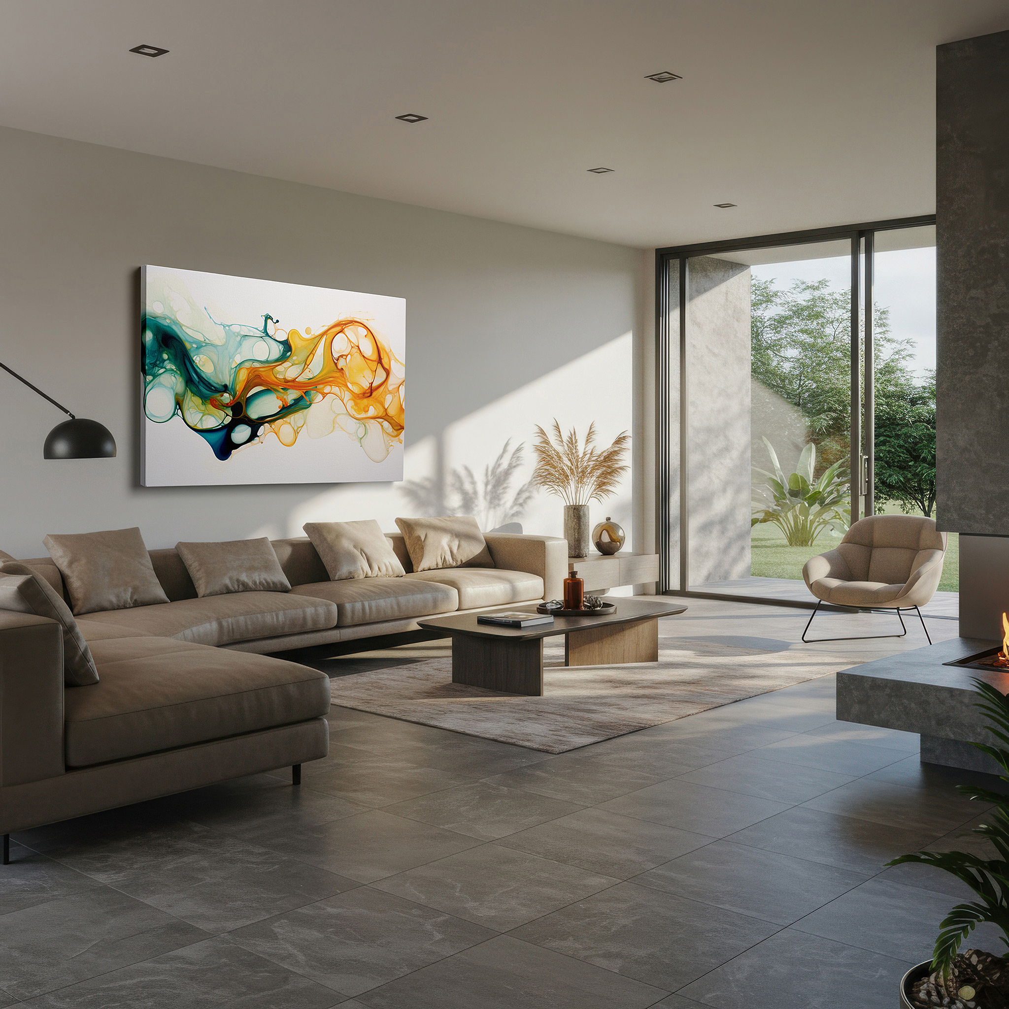 Positioned above a console table between ceramic vases — a visual symphony of orange and teal: capturing movement and emotion in abstract splendor - large wall art, canvas wall art, wall decor for office
