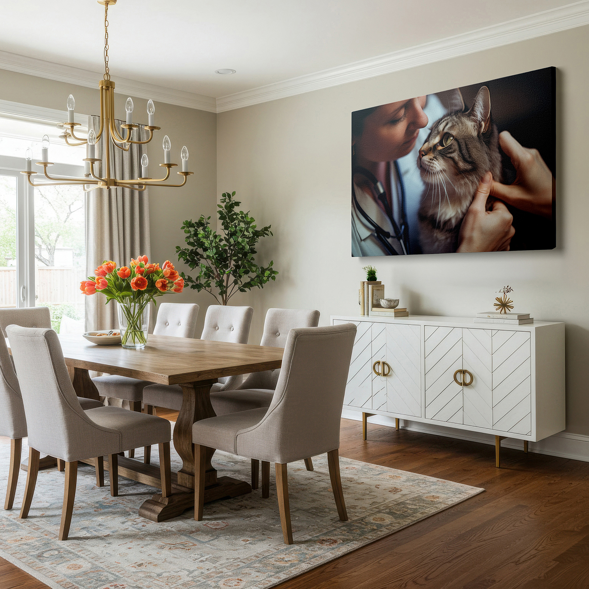 Positioned above a console table between ceramic vases — wall art: celebrating compassionate care - a tender moment between a veterinarian and a cat. ideal for office, bedroom, and home decor, available as large canvas wall art.