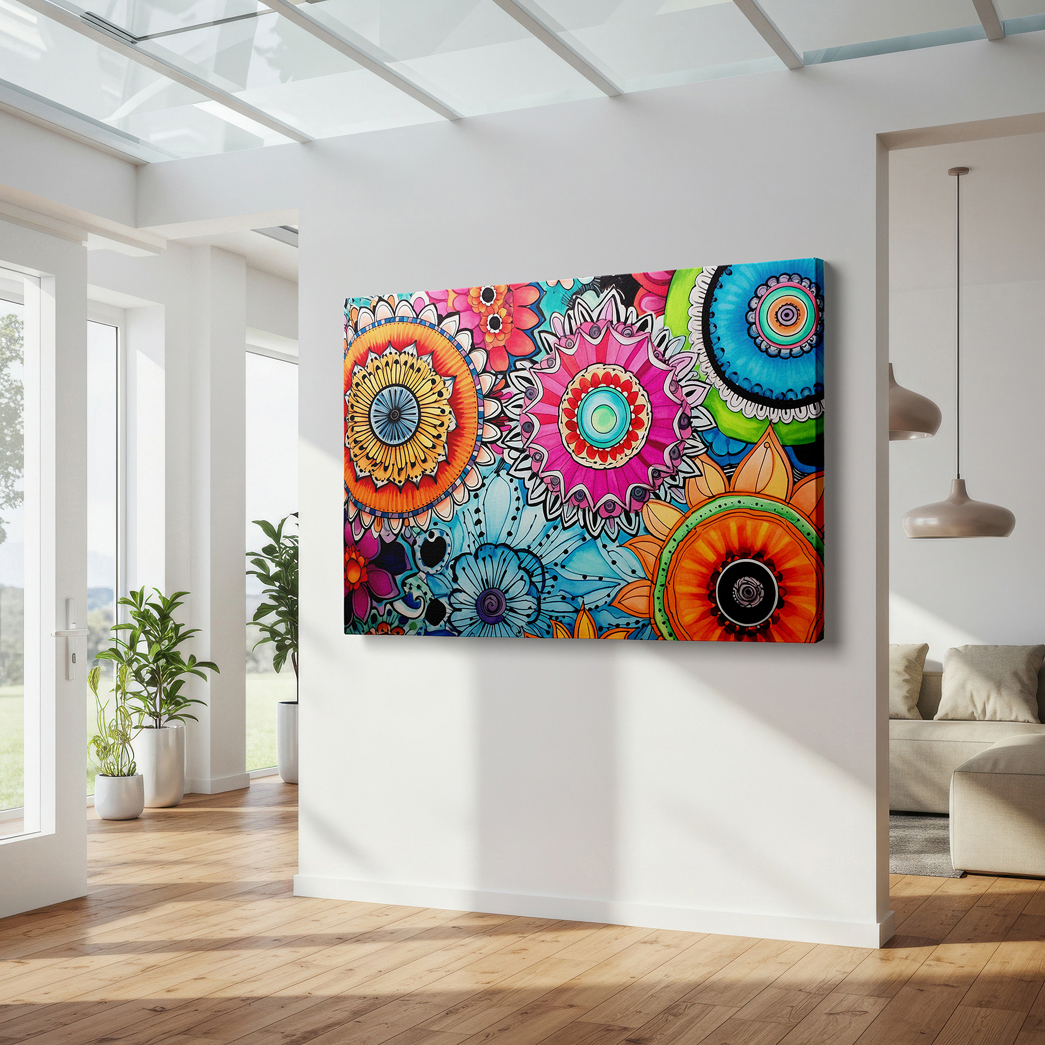 Positioned above a console table between ceramic vases — wall art: celebrating nature and spiritual unity with a vibrant blend of floral realism and mandala symbolism - large canvas wall art for home and office decor