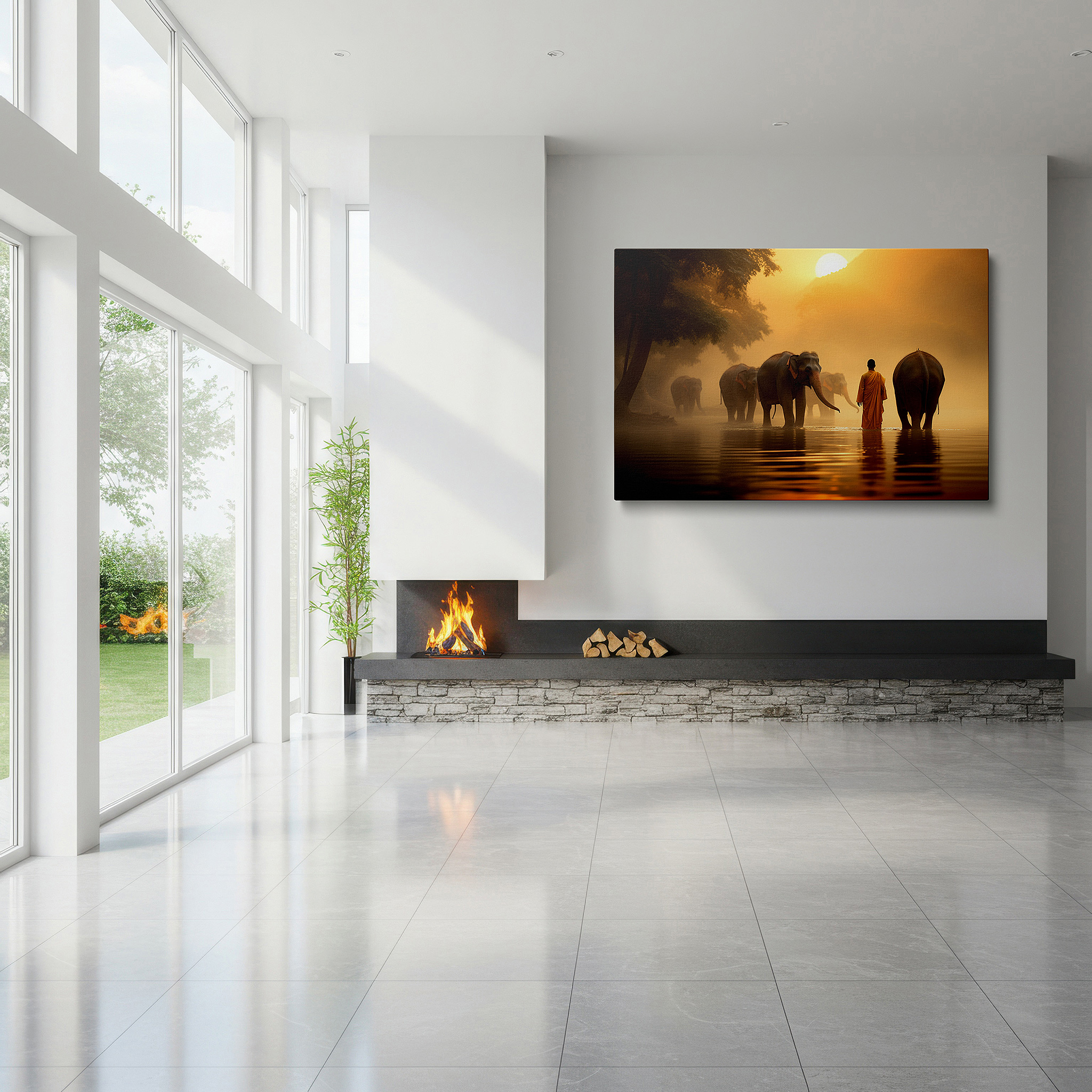 Positioned above a console table between ceramic vases — wall art: experience harmony and spirituality with this misty sunrise scene featuring monks and elephants. perfect for office, bedroom, or living room decor. available as large canvas wall art.