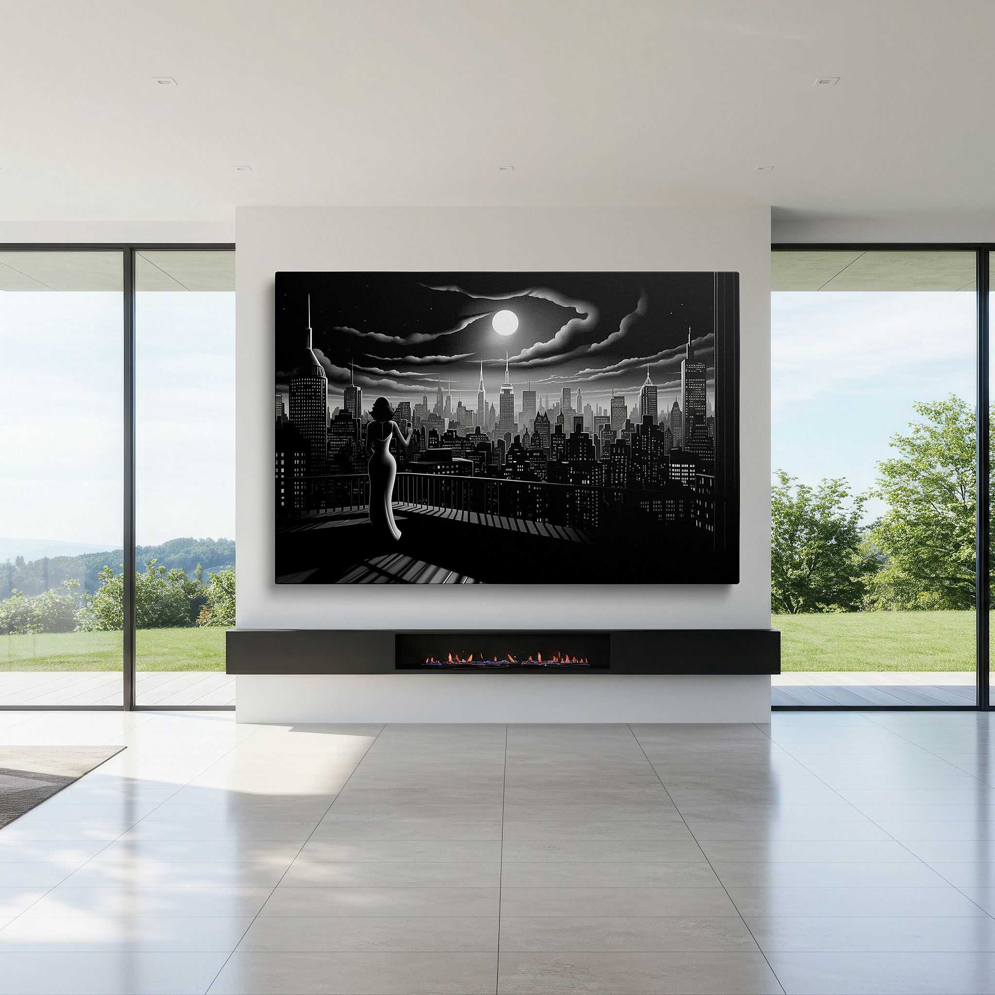 Positioned above a console table between ceramic vases — wall art: "human grace and urban energy under moonlit serenity" - large canvas for office, bedroom, or living room decor