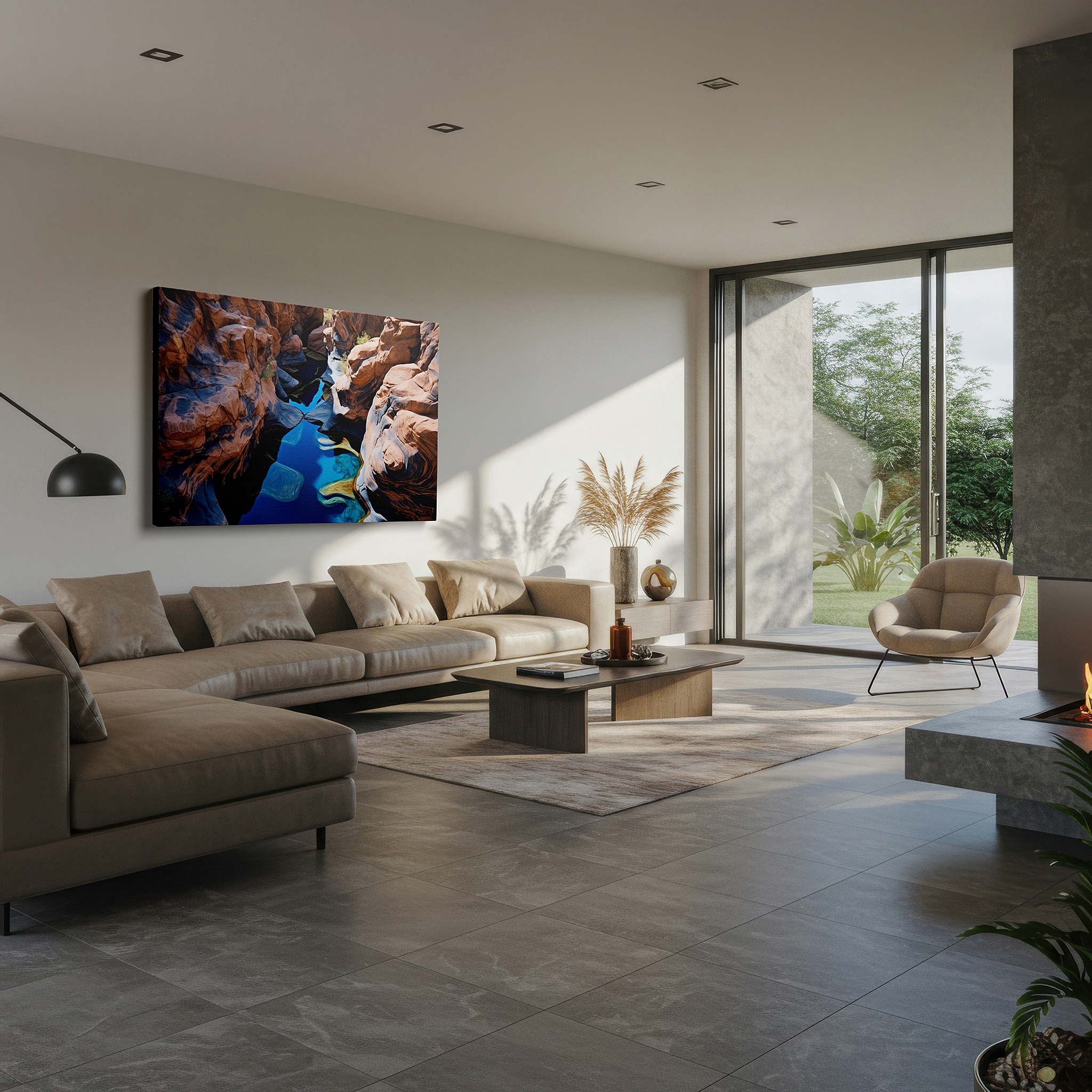Positioned above a console table between ceramic vases — wall art: large canvas featuring the serene majesty of a meandering canyon with vibrant reflections in tranquil waters, ideal for office decor