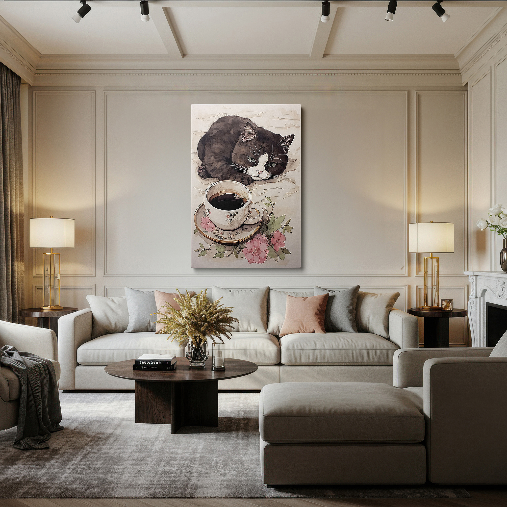 Positioned above a console table between ceramic vases — wall art: peaceful apathy featuring a cat and flower-adorned coffee cup, tranquil haven large canvas art, home and office decor for living room and bedroom