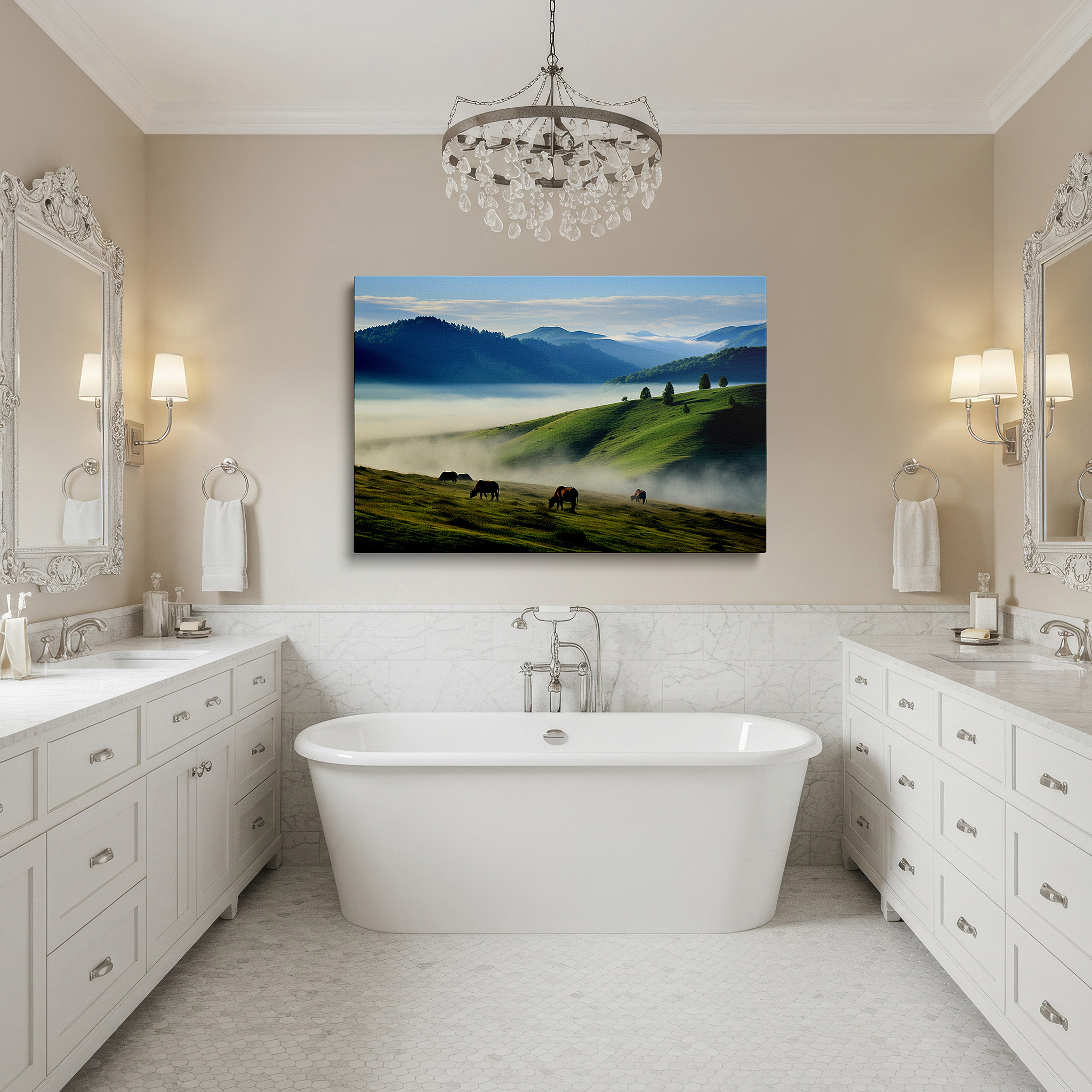 Positioned above a console table between ceramic vases — wall art: serene horses grazing in a lush field with majestic mountains, large canvas wall art for office decor