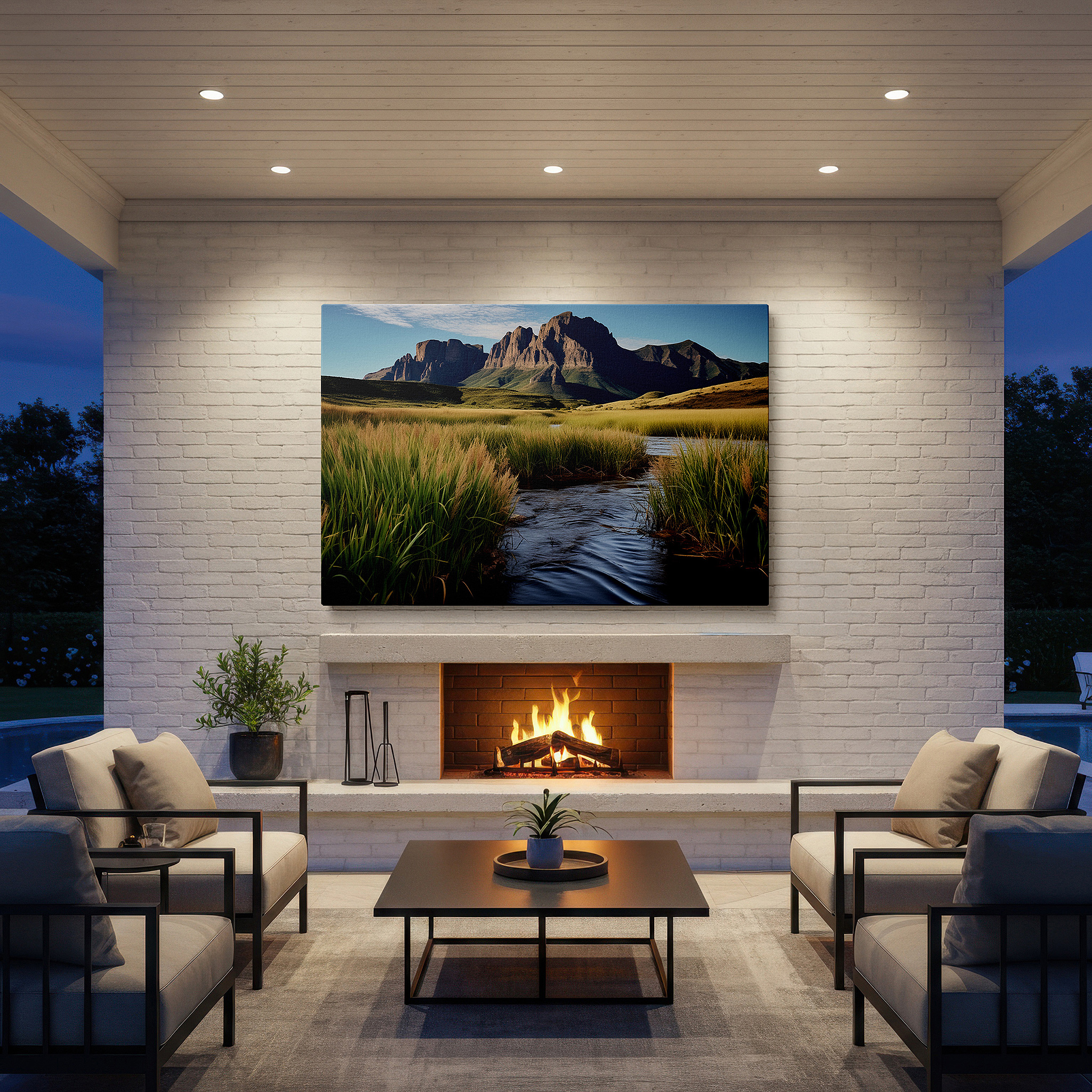 Positioned above a console table between ceramic vases — wall art: serene riverscape featuring grand mountains and verdant grasslands - large canvas wall art for office and bedroom decor