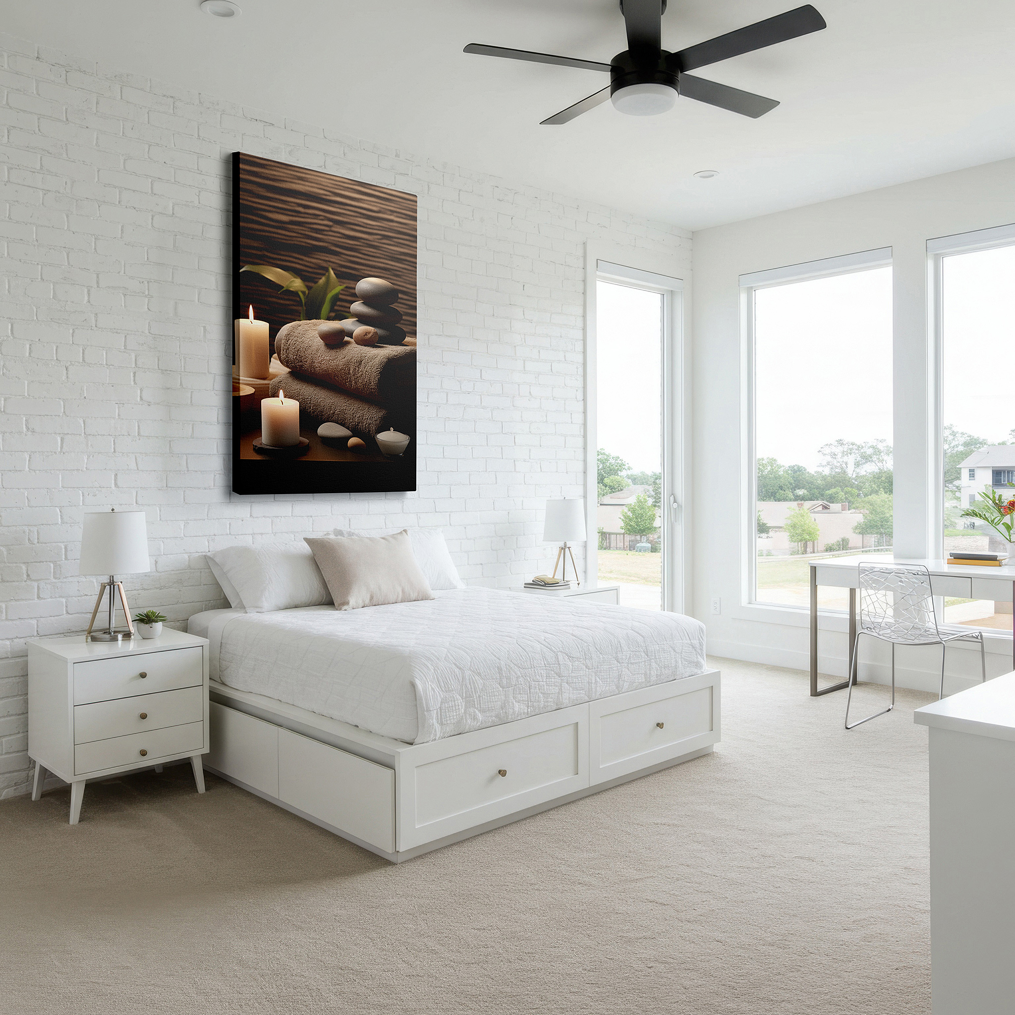 Positioned above a console table between ceramic vases — wall art: serene spa oasis featuring soft towels, smooth stones, and gentle candlelight for relaxation - large canvas wall art for home and office decor