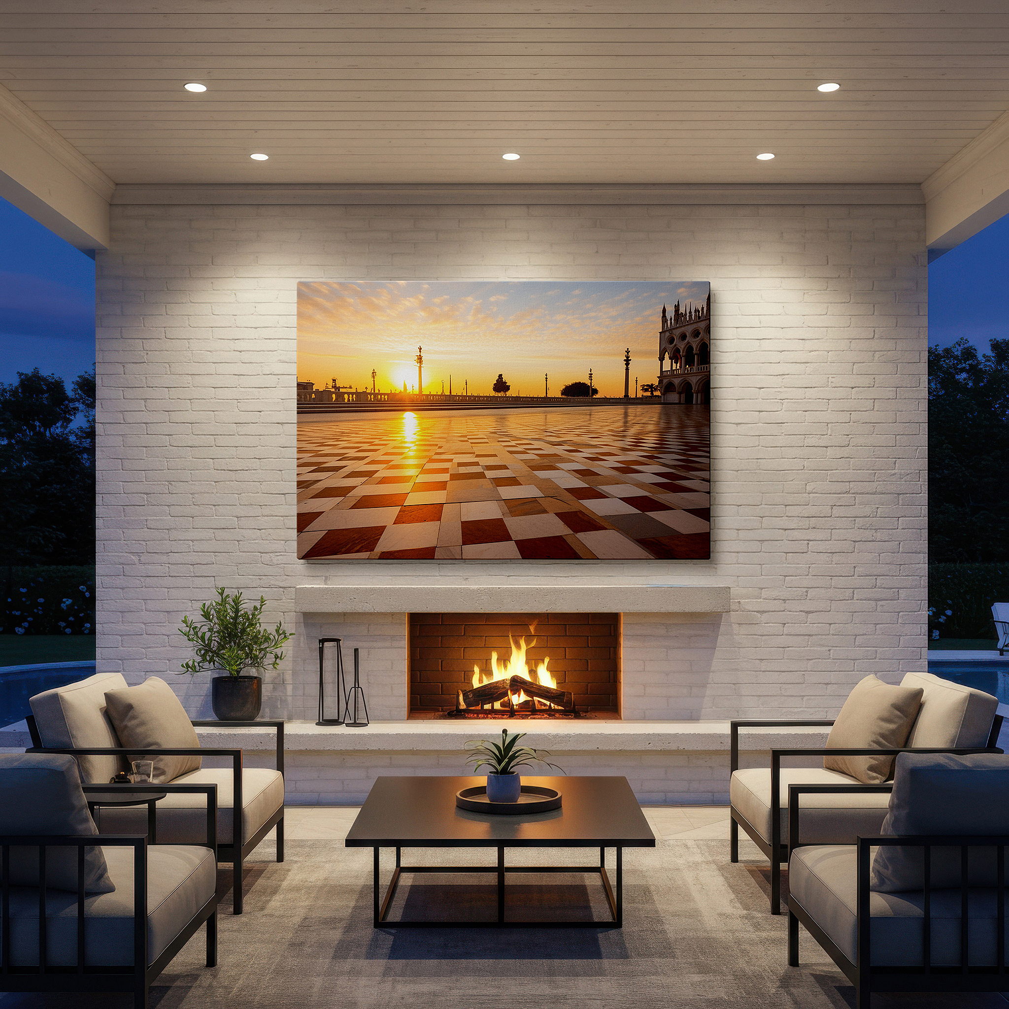 Positioned above a console table between ceramic vases — wall art: sunset over piazza san marco - experience the historic beauty of venice with this large canvas art for office and bedroom decor