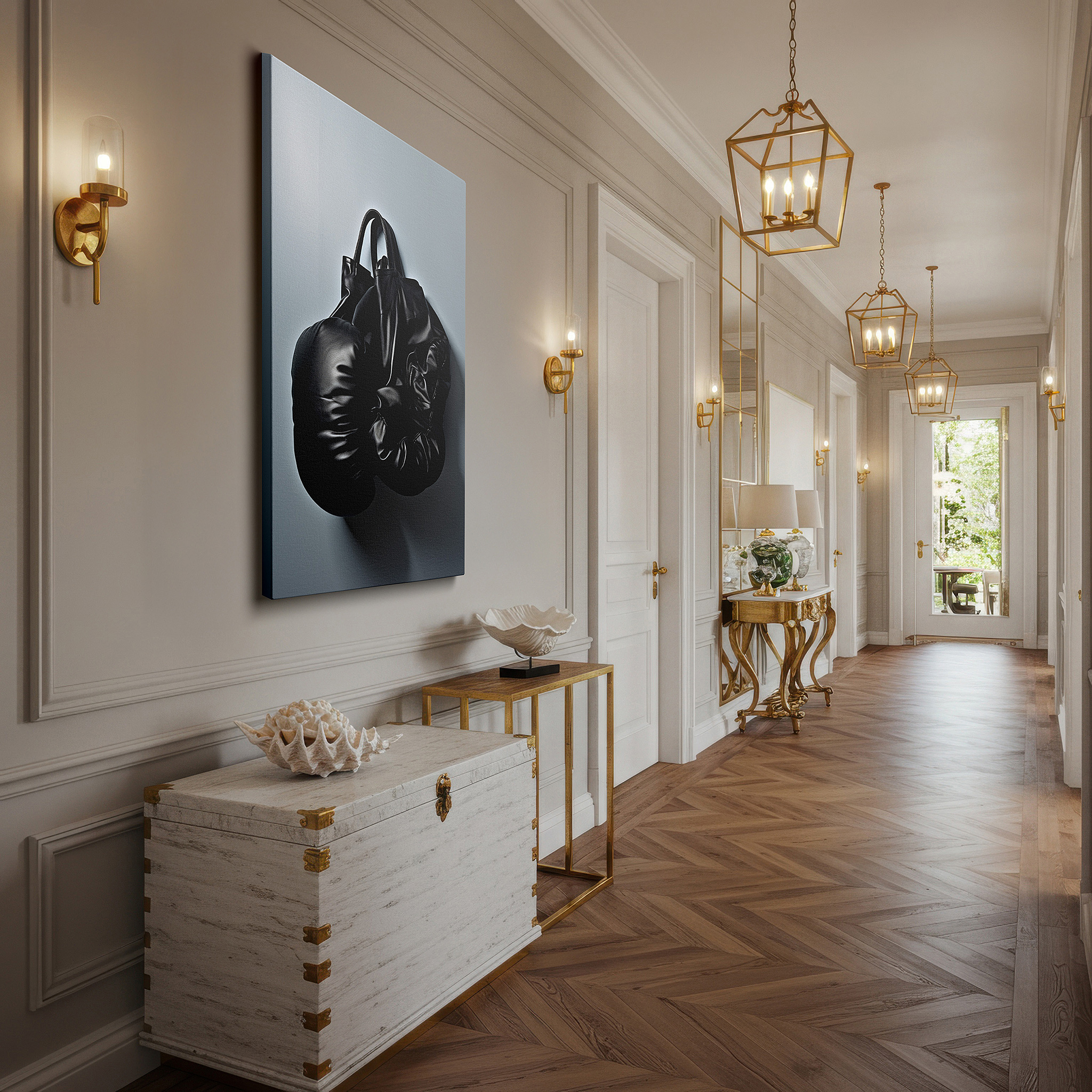 Positioned above a console table between ceramic vases — wall decor: stylish black leather bag transformed into boxing gloves - a blend of fashion and artistry. ideal for living room, office, or bedroom.