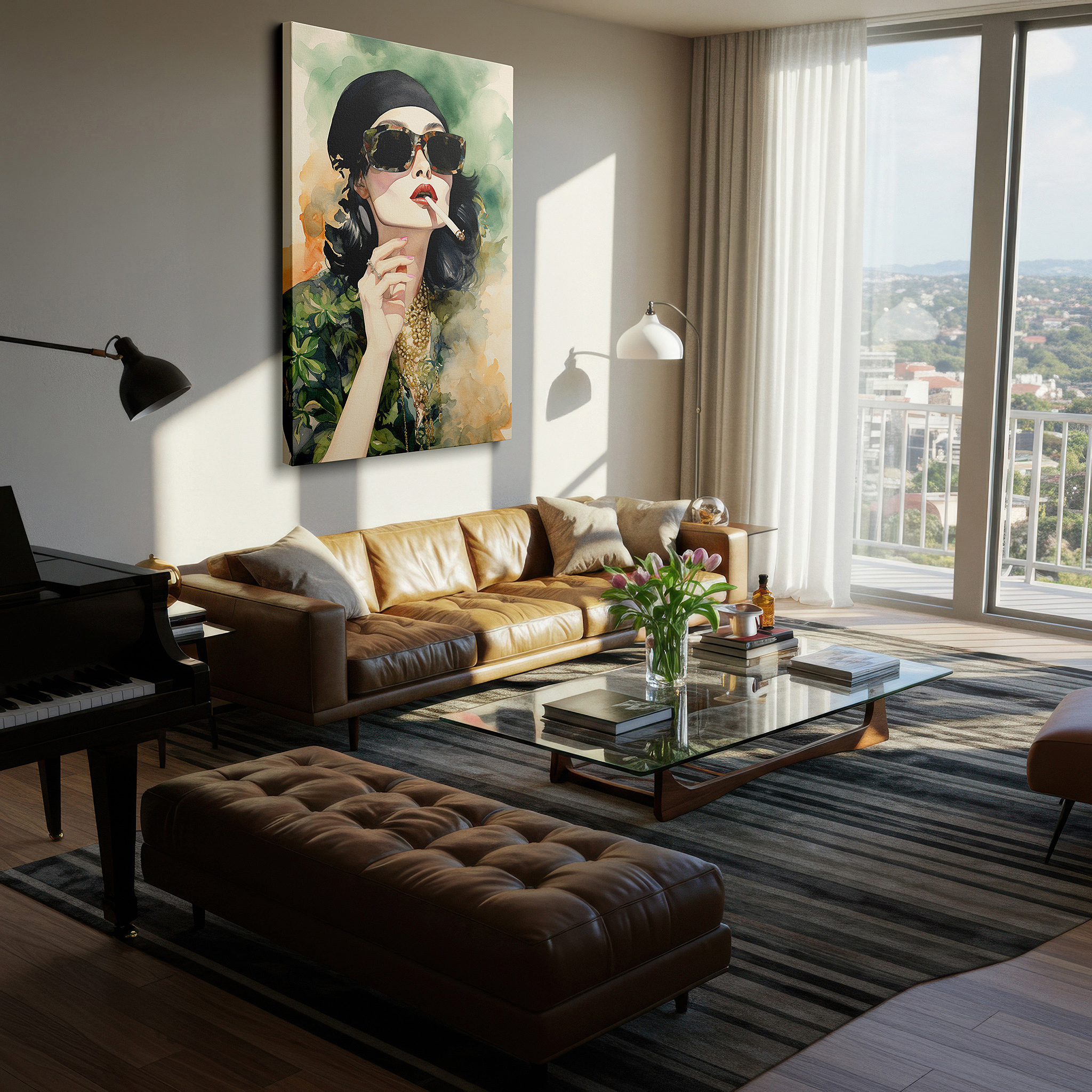 Positioned above a console table between ceramic vases — wall decor: where timeless elegance and modern femininity combine in a bold display of style and confidence - featuring large canvas art perfect for home or office
