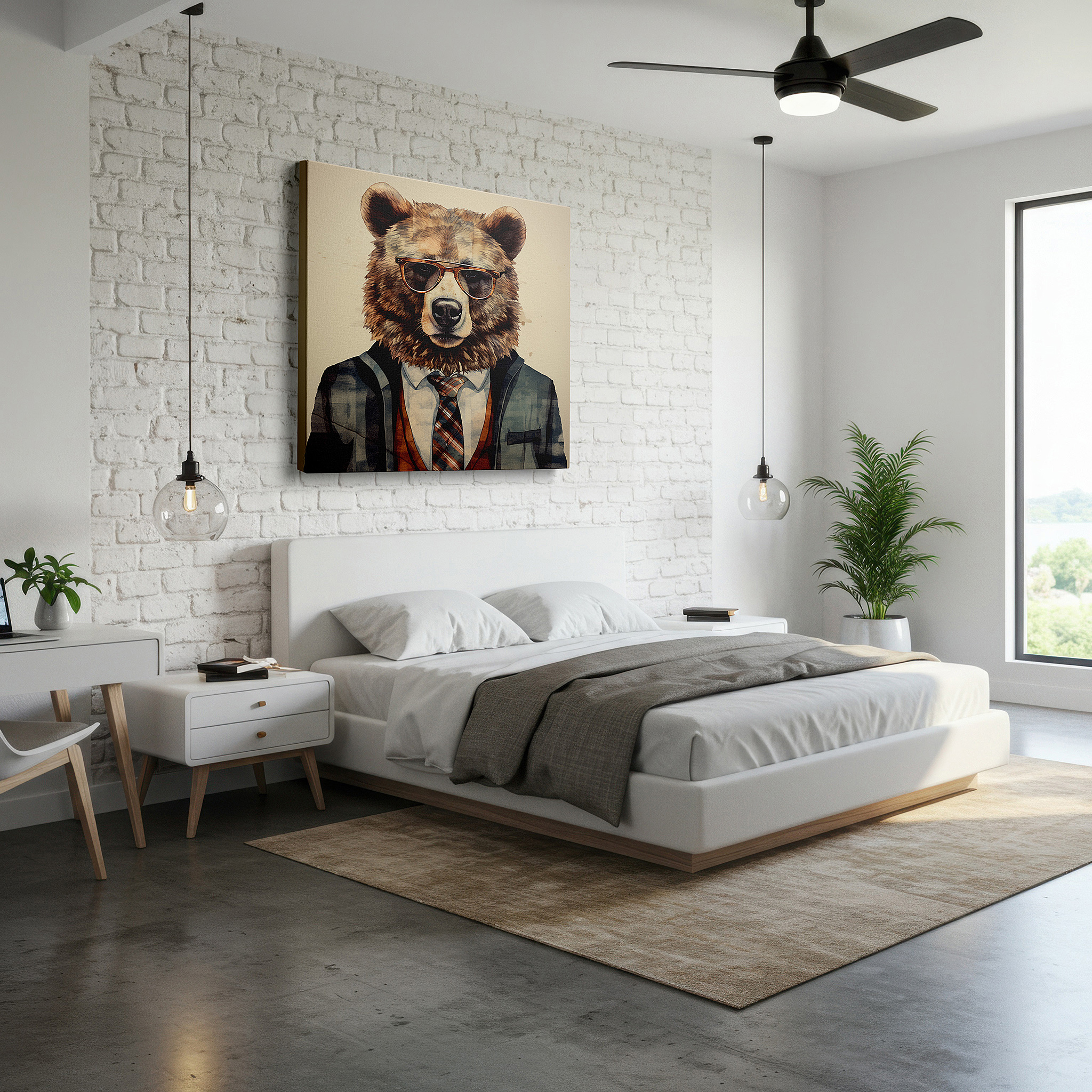 Positioned above a console table between ceramic vases — whimsical sophistication: chic bear in suit and glasses - large canvas wall art for office, bedroom, and living room decor