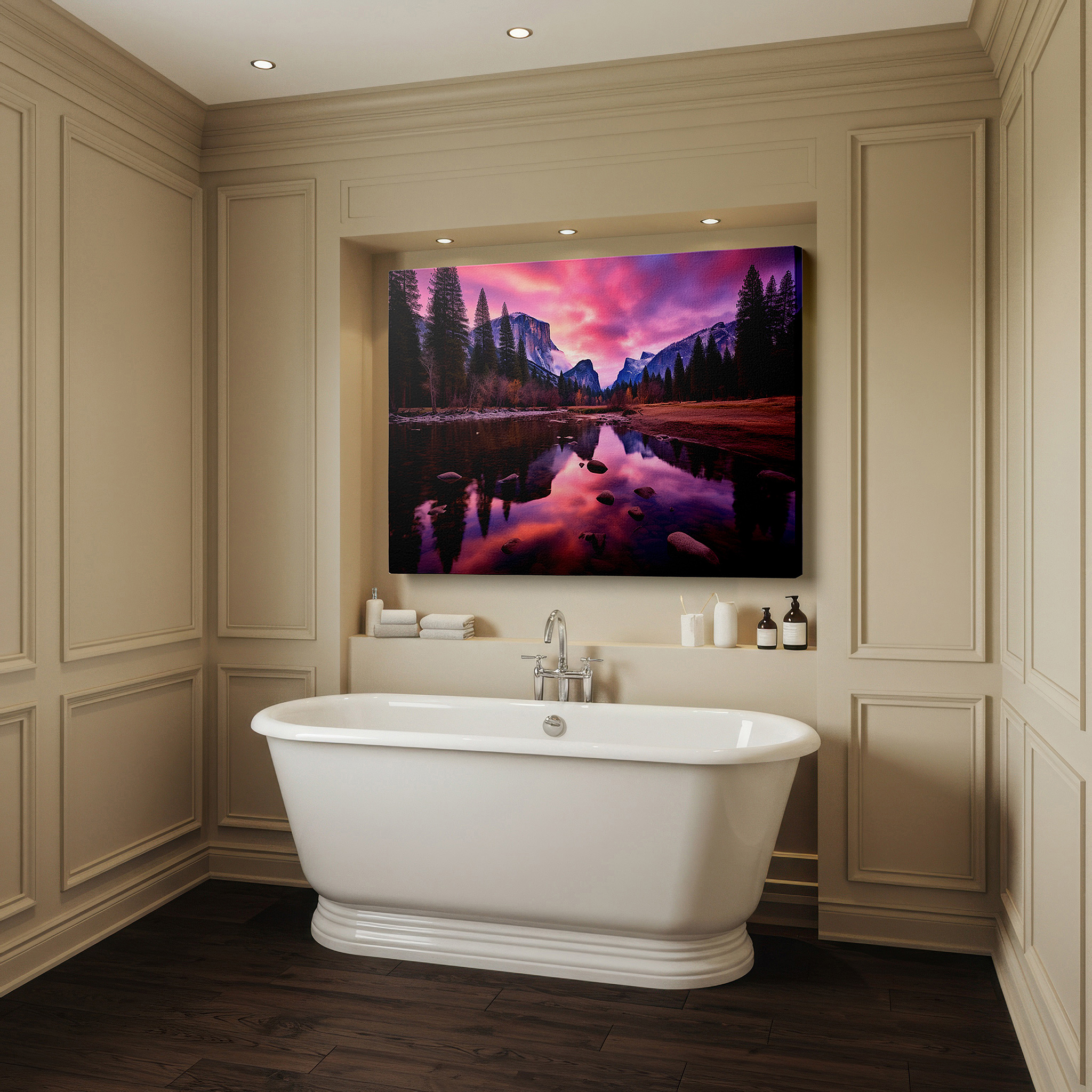 Positioned above a console table between ceramic vases — yosemite valley twilight: majestic peaks and serene waters large canvas wall art for office and bedroom decor