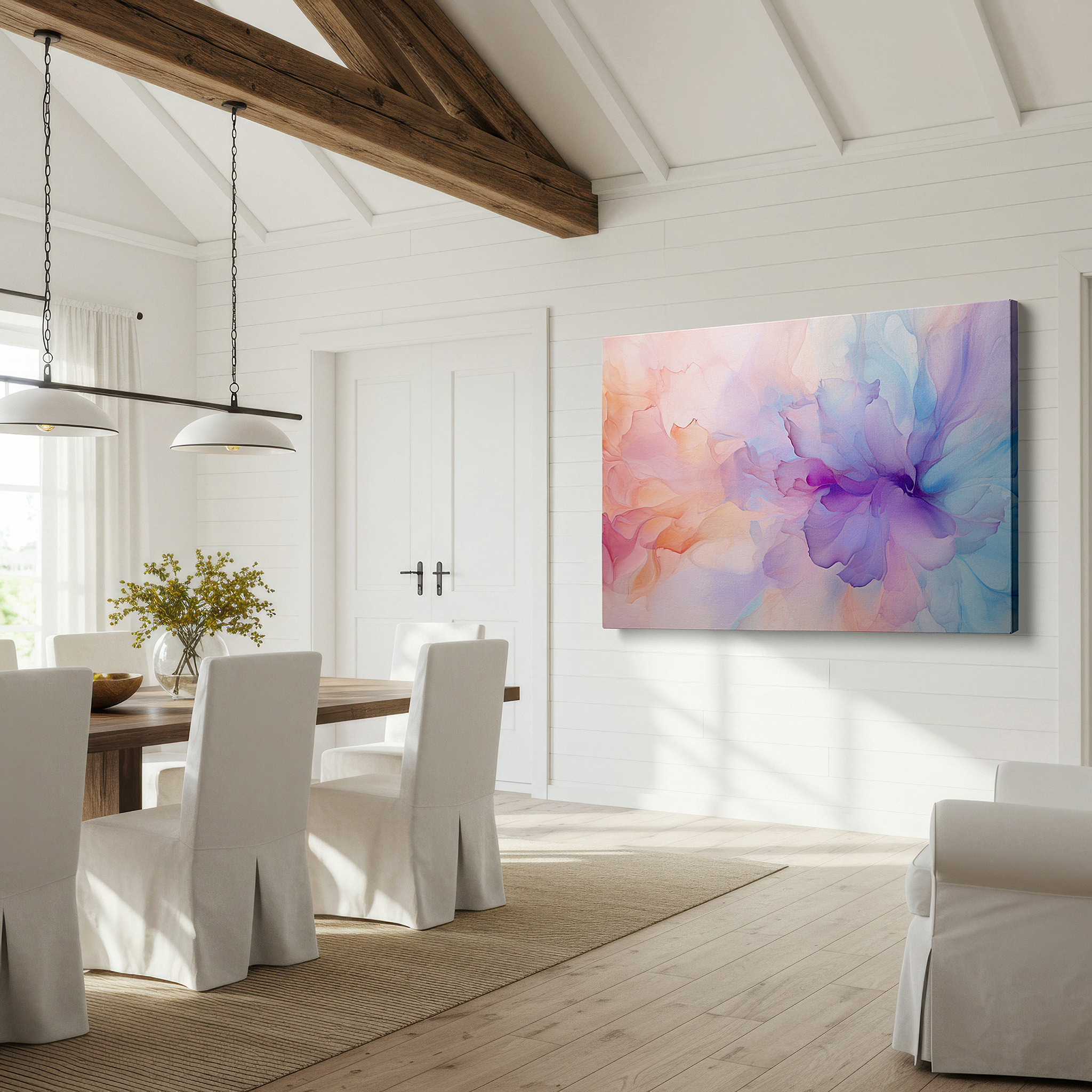 Presented on a clean white gallery wall with ample space — abstract dreamy floral canvas with vibrant pastels and calming shapes, ideal for large wall decor in offices or bedrooms