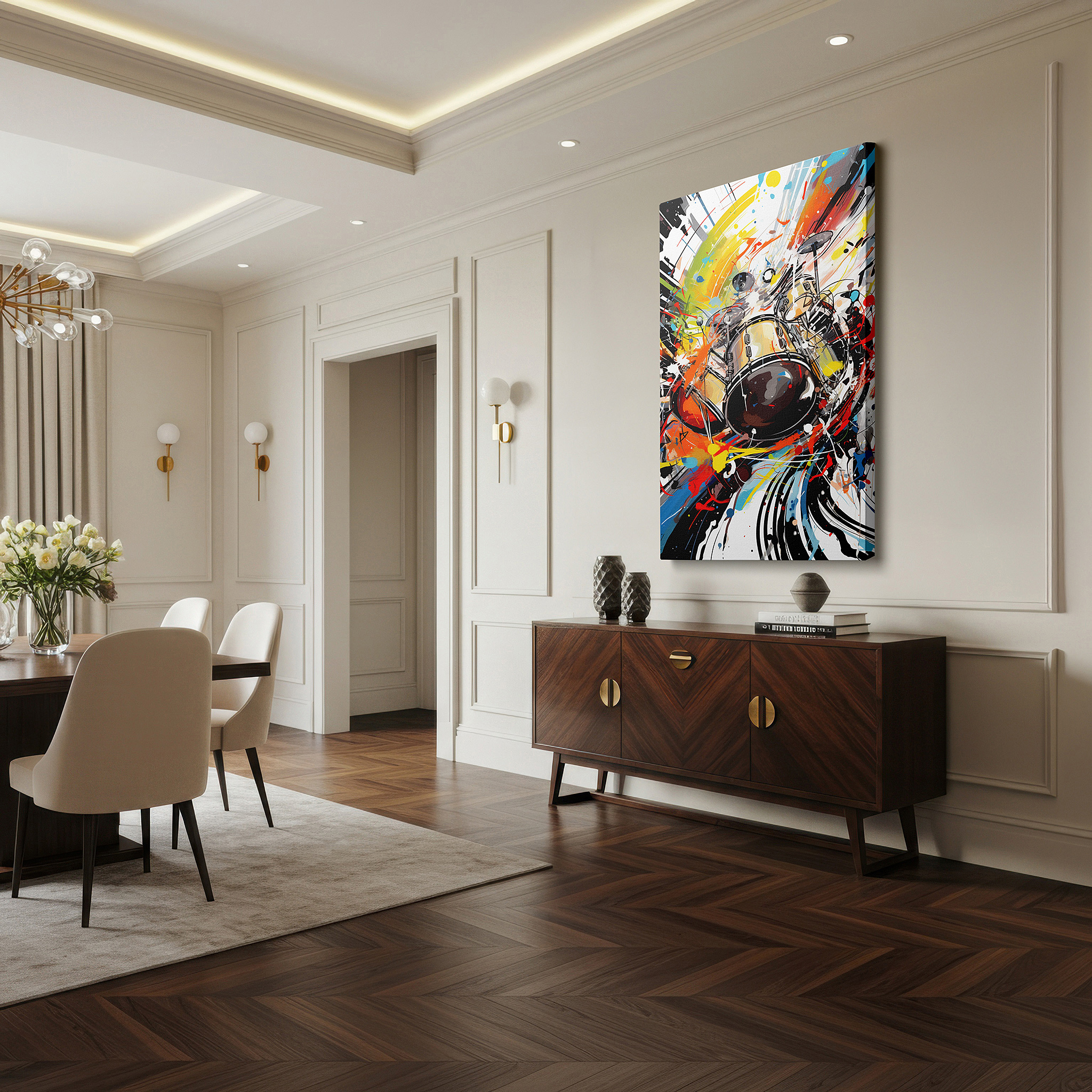 Presented on a clean white gallery wall with ample space — abstract drum set surrounded by vibrant swirls, embodying the spirit of live music, large canvas wall art for home and office decor