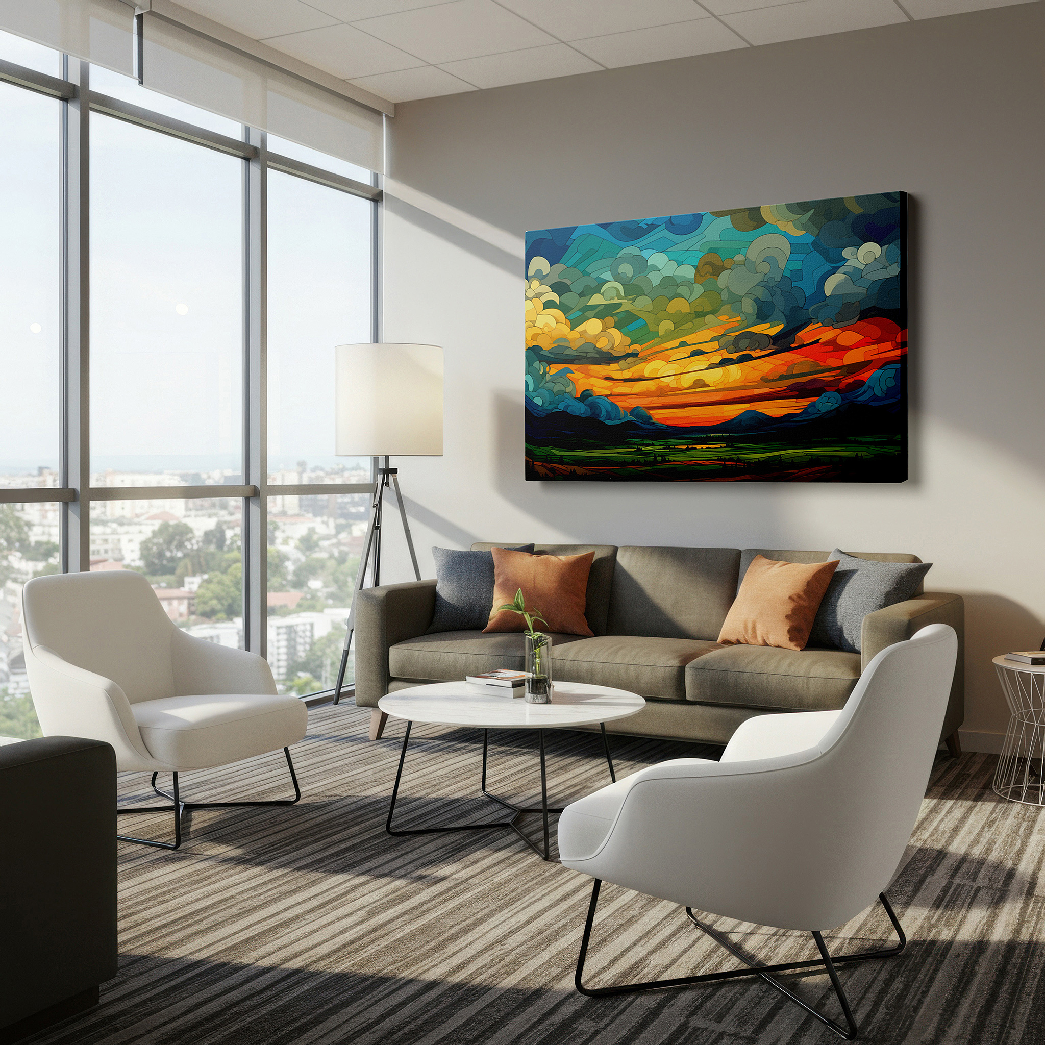Presented on a clean white gallery wall with ample space — abstract sunset over mountain silhouettes - a captivating mix of warm and cool tones, large wall art, canvas wall art, wall decor for office