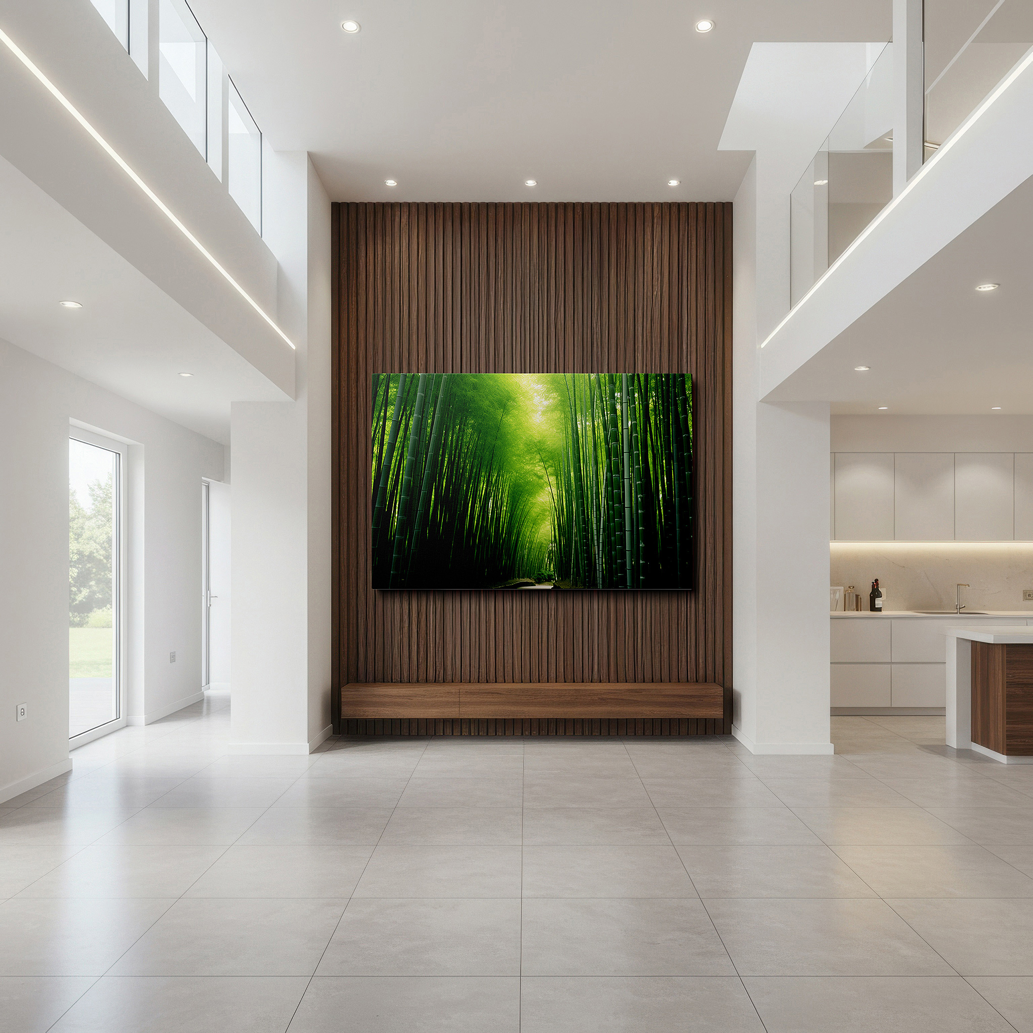 Presented on a clean white gallery wall with ample space — bamboo grove wall art: tranquil pathway design for serene reflections - large canvas art for home and office decor, ideal for living room and bedroom