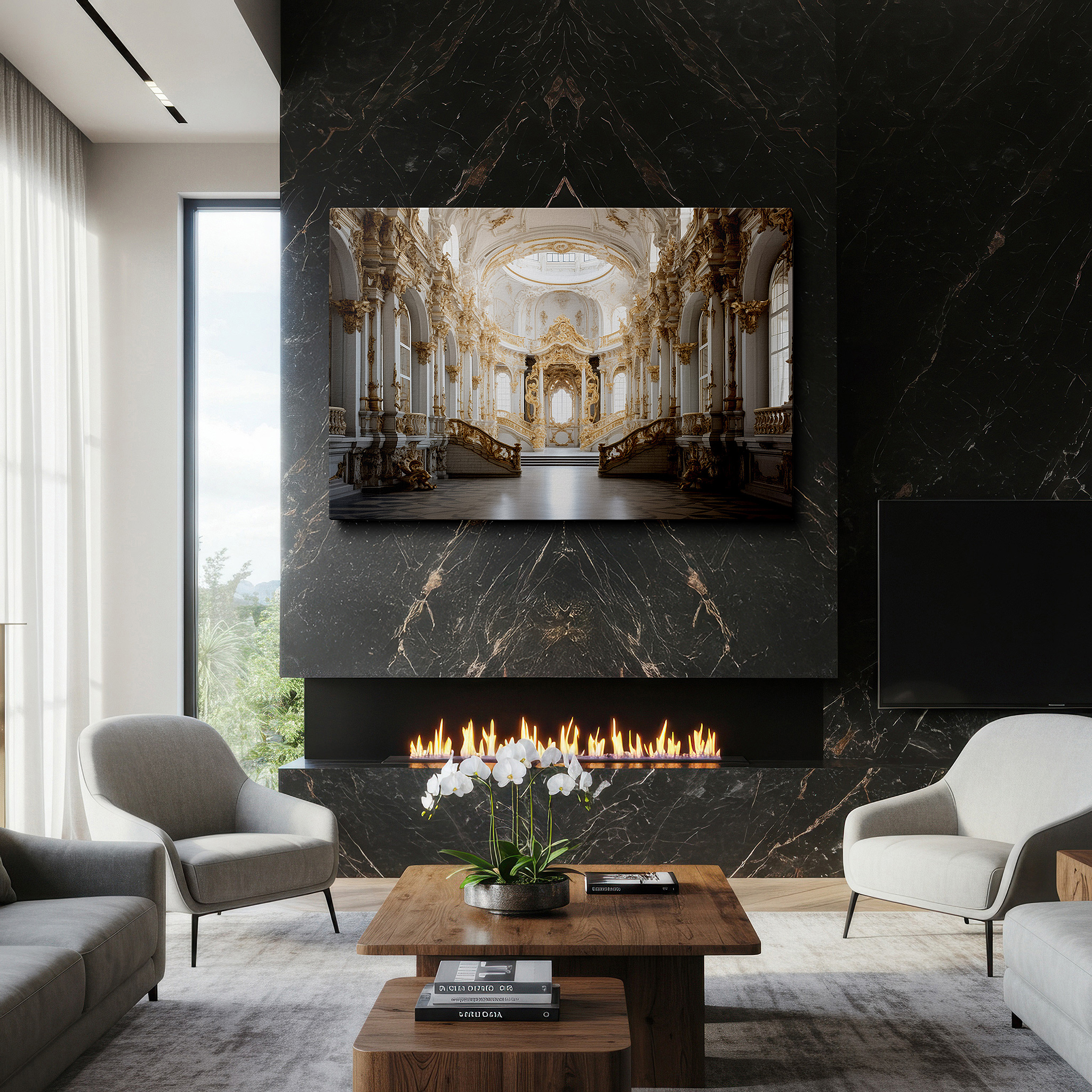 Presented on a clean white gallery wall with ample space — baroque splendor: timeless elegance in light and shadow with golden accents - large canvas wall art for office and bedroom decor