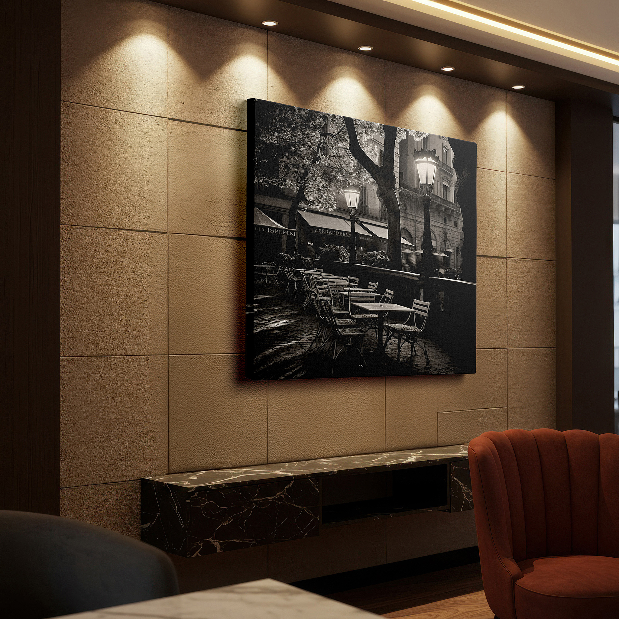 Presented on a clean white gallery wall with ample space — black and white café terrace wall art: timeless elegance under majestic trees - large canvas for home and office decor