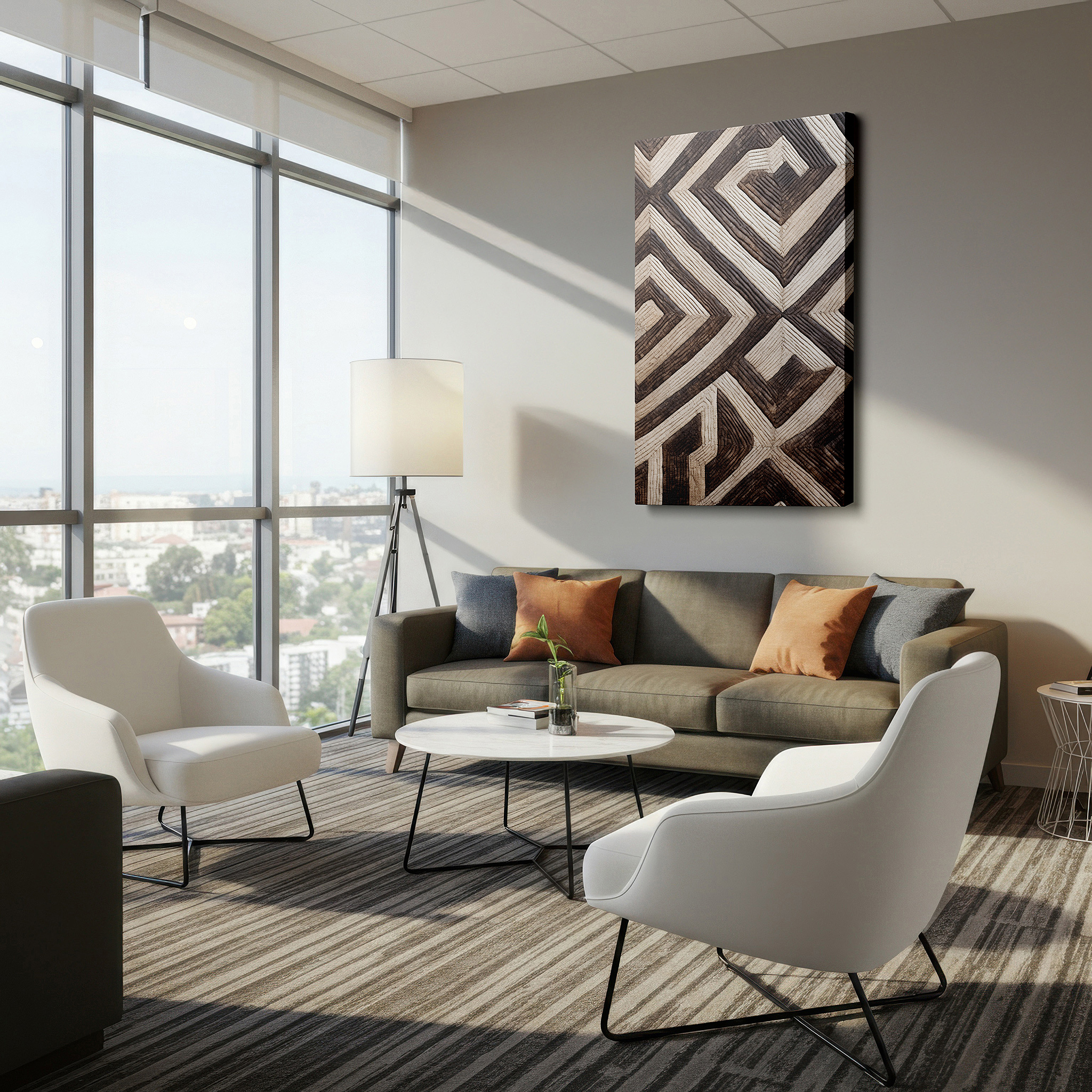 Presented on a clean white gallery wall with ample space — blending contemporary design and classic skill in textured wood: large wall art, canvas wall art, wall decor for offices and bedrooms