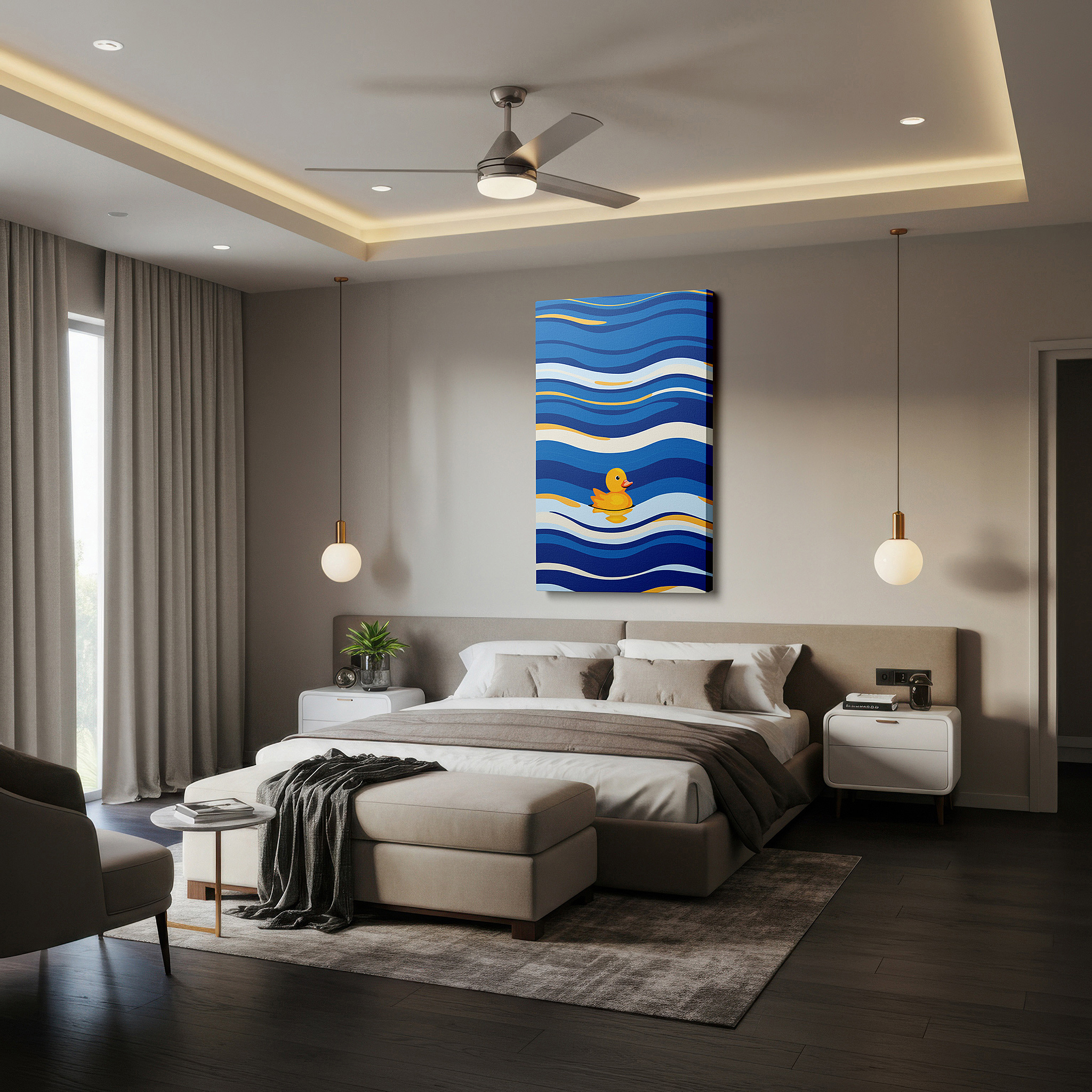 Presented on a clean white gallery wall with ample space — cheerful yellow duck on bright blue waves, a playful addition to any room large wall art, canvas wall art, wall decor, office wall art, bedroom wall art